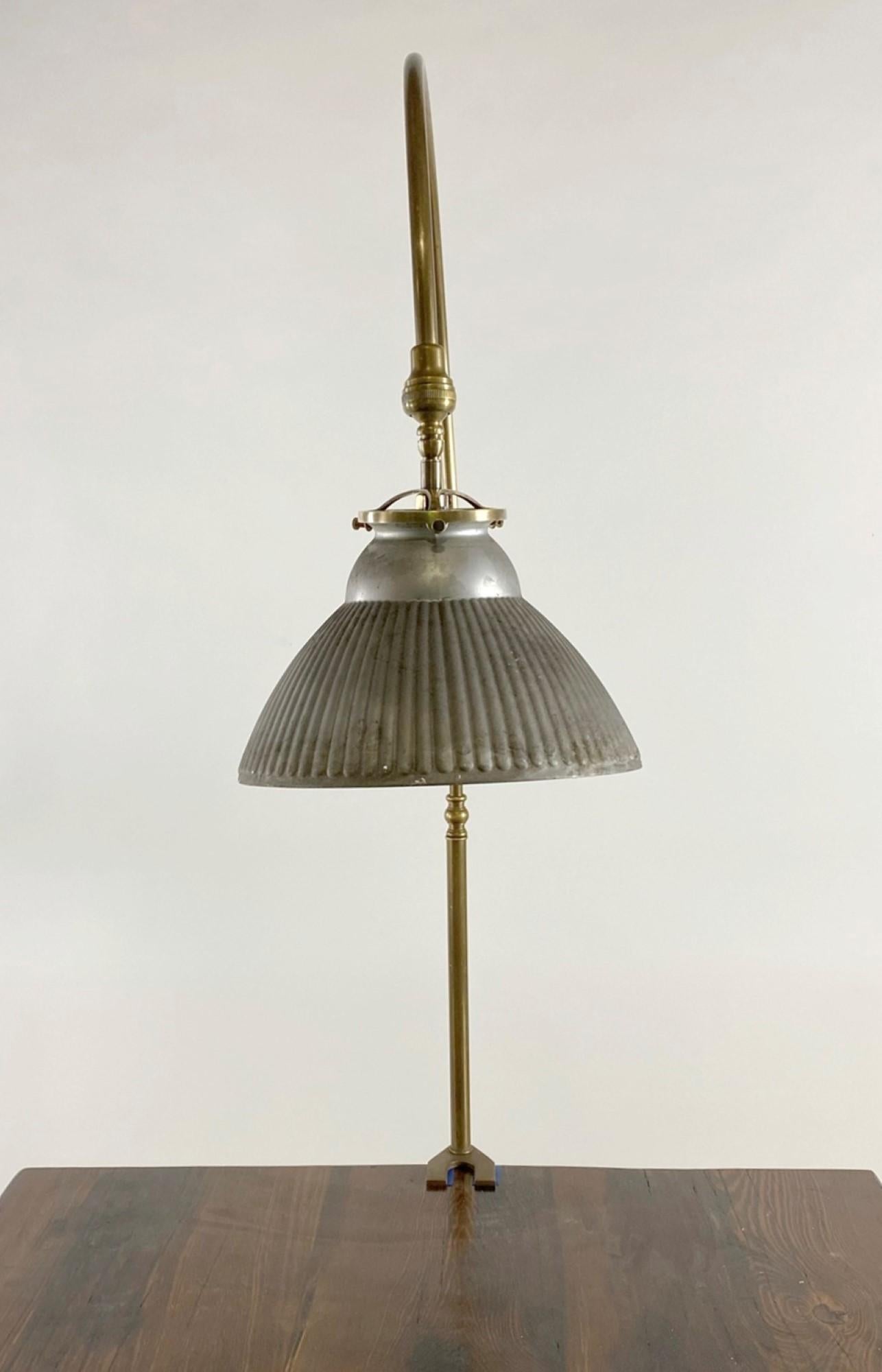 Early 20th Century 1920s Brass Gooseneck Desk Lamp with Mirrored Silver Glass Shade