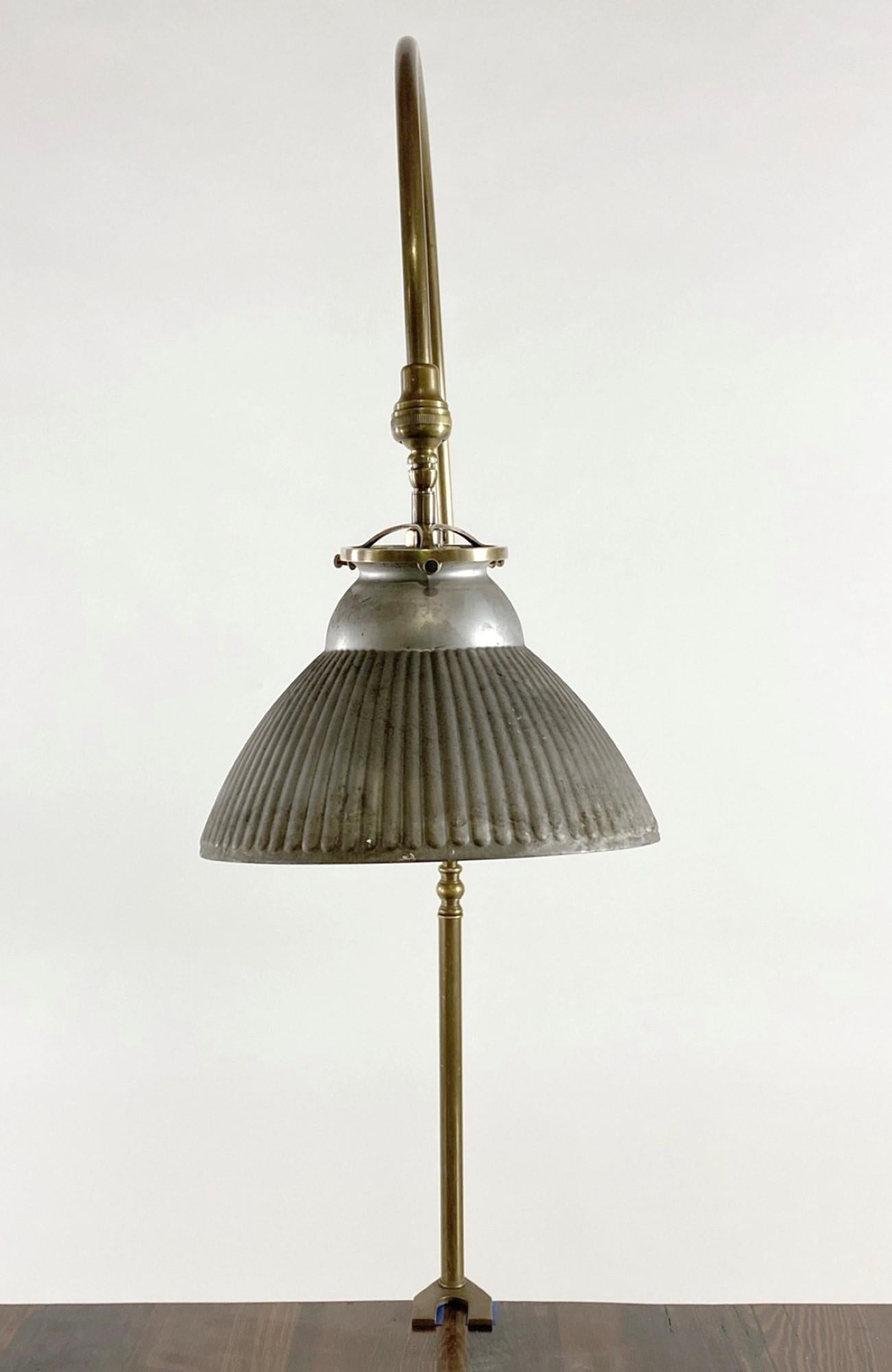 1920s Brass Gooseneck Desk Lamp with Mirrored Silver Glass Shade 1