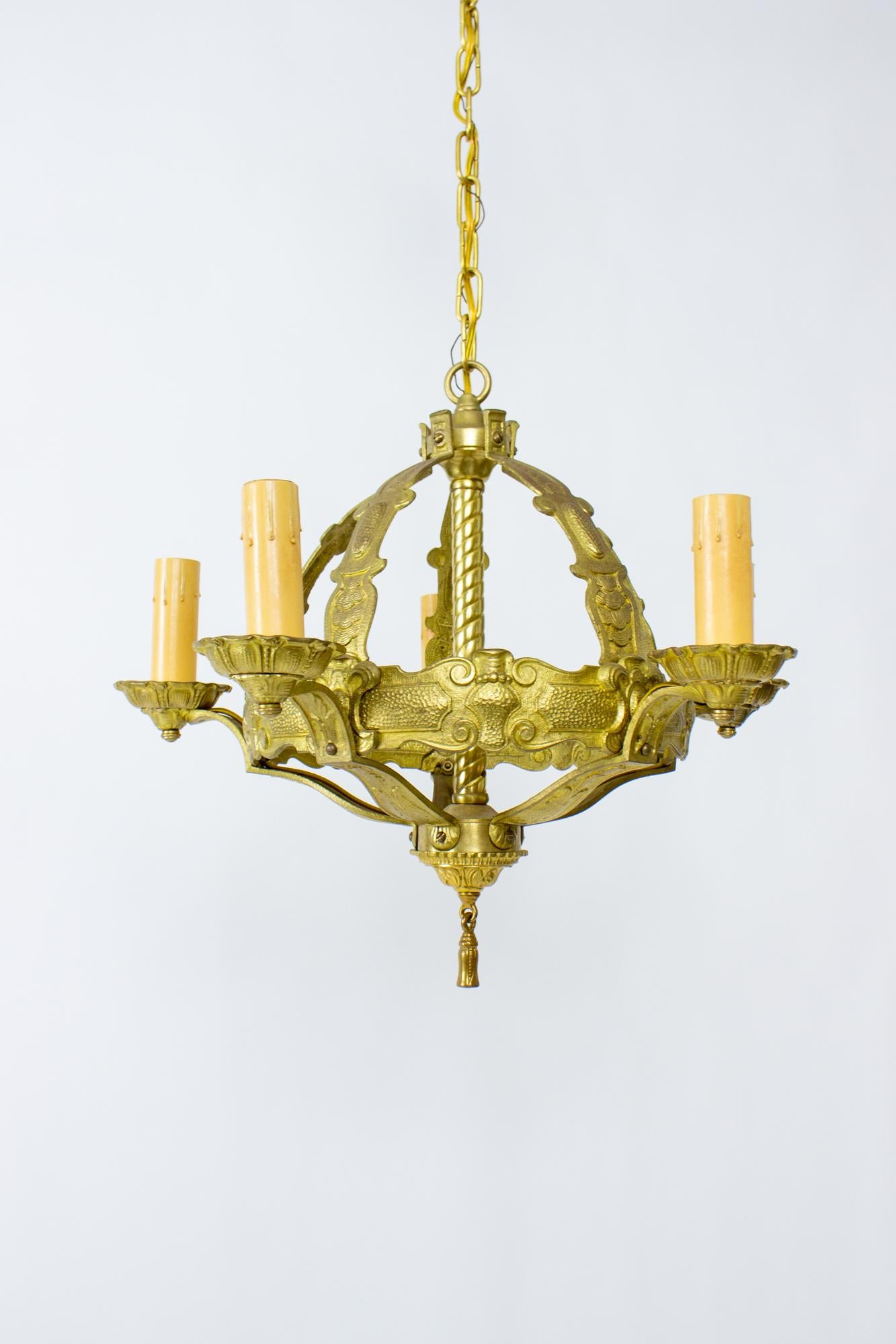 1920’s Brass Gothic Revival Chandelier In Excellent Condition In Canton, MA