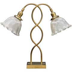 Antique 1920s Brass Hoteliers Serpentine Brass Table Bedside Double Lamp Mid-Century Era