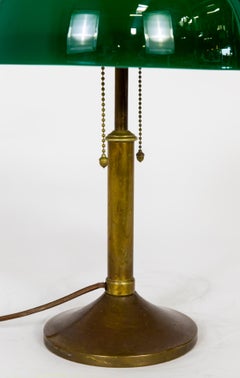 1920s Brass Library Lamp w/ Green Glass Hemisphere Shade