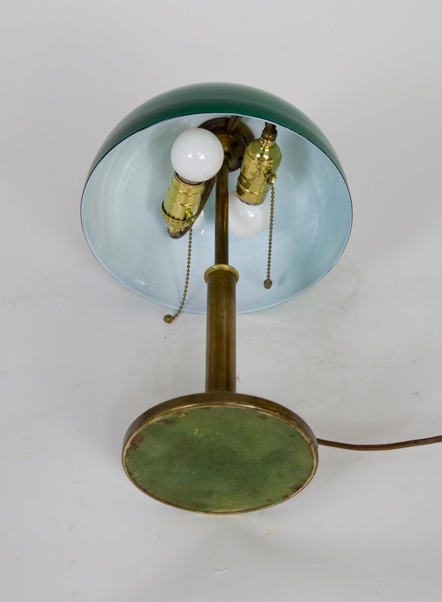 Arts and Crafts 1920s Brass Library Lamp w/ Green Glass Hemisphere Shade
