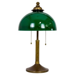 Antique 1920s Brass Library Lamp w/ Green Glass Hemisphere Shade