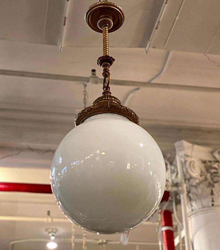 1920s Brass Pendant Light with Large Round Opal Globe, Quantity