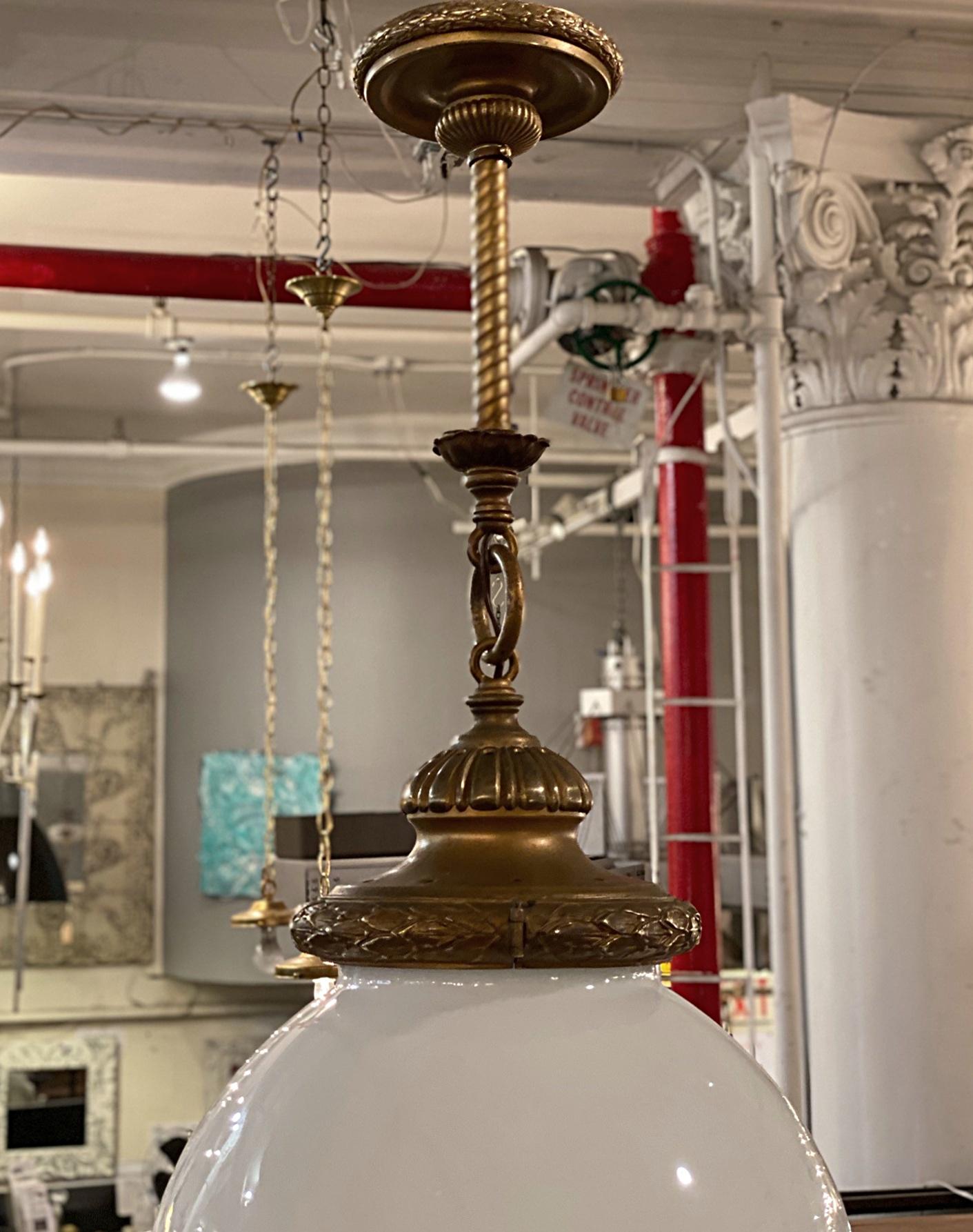 American 1920s Brass Pendant Light with Large Round Opal Globe, Quantity Available