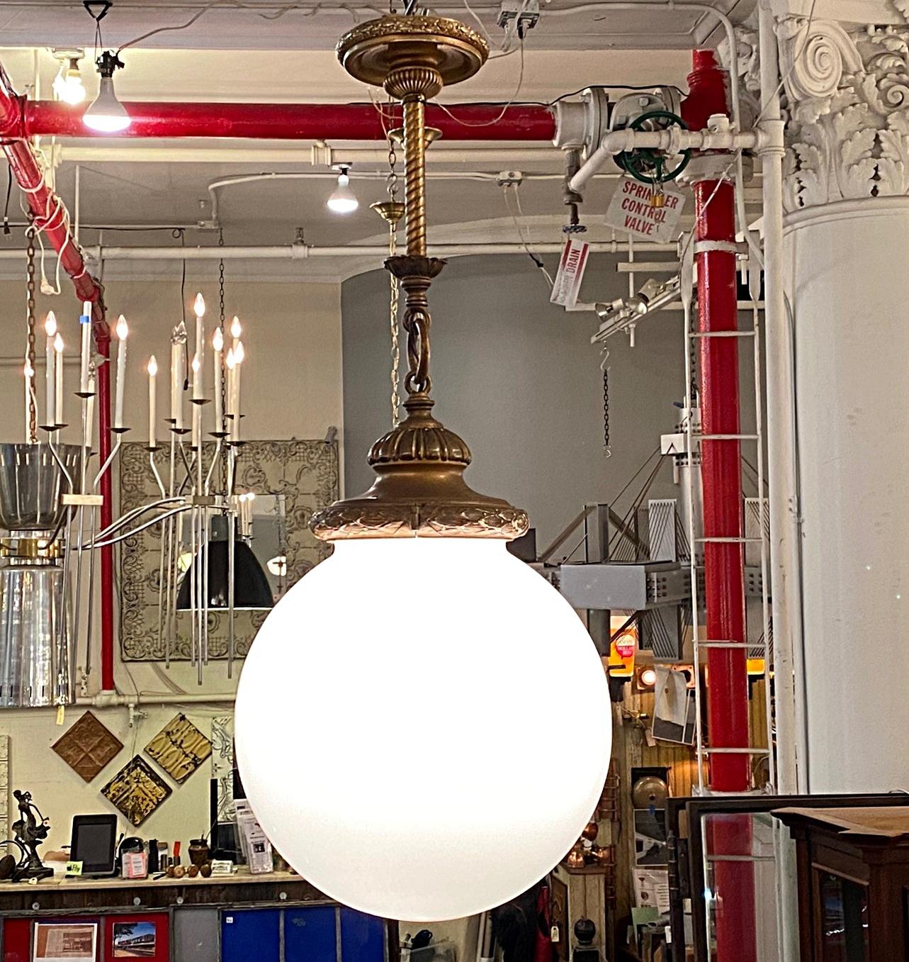 1920s Brass Pendant Light with Large Round Opal Globe, Quantity Available In Good Condition In New York, NY