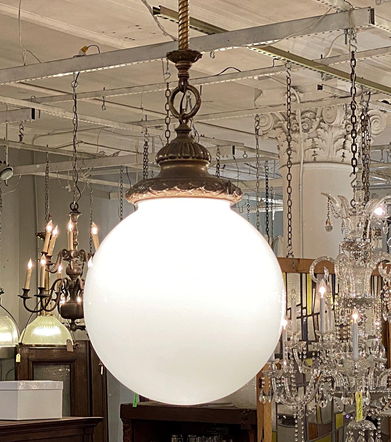 Early 20th Century 1920s Brass Pendant Light with Large Round Opal Globe, Quantity Available