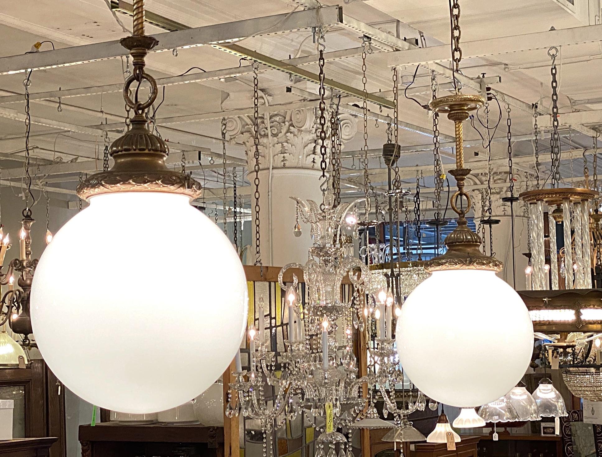 1920s Brass Pendant Light with Large Round Opal Globe, Quantity Available 1