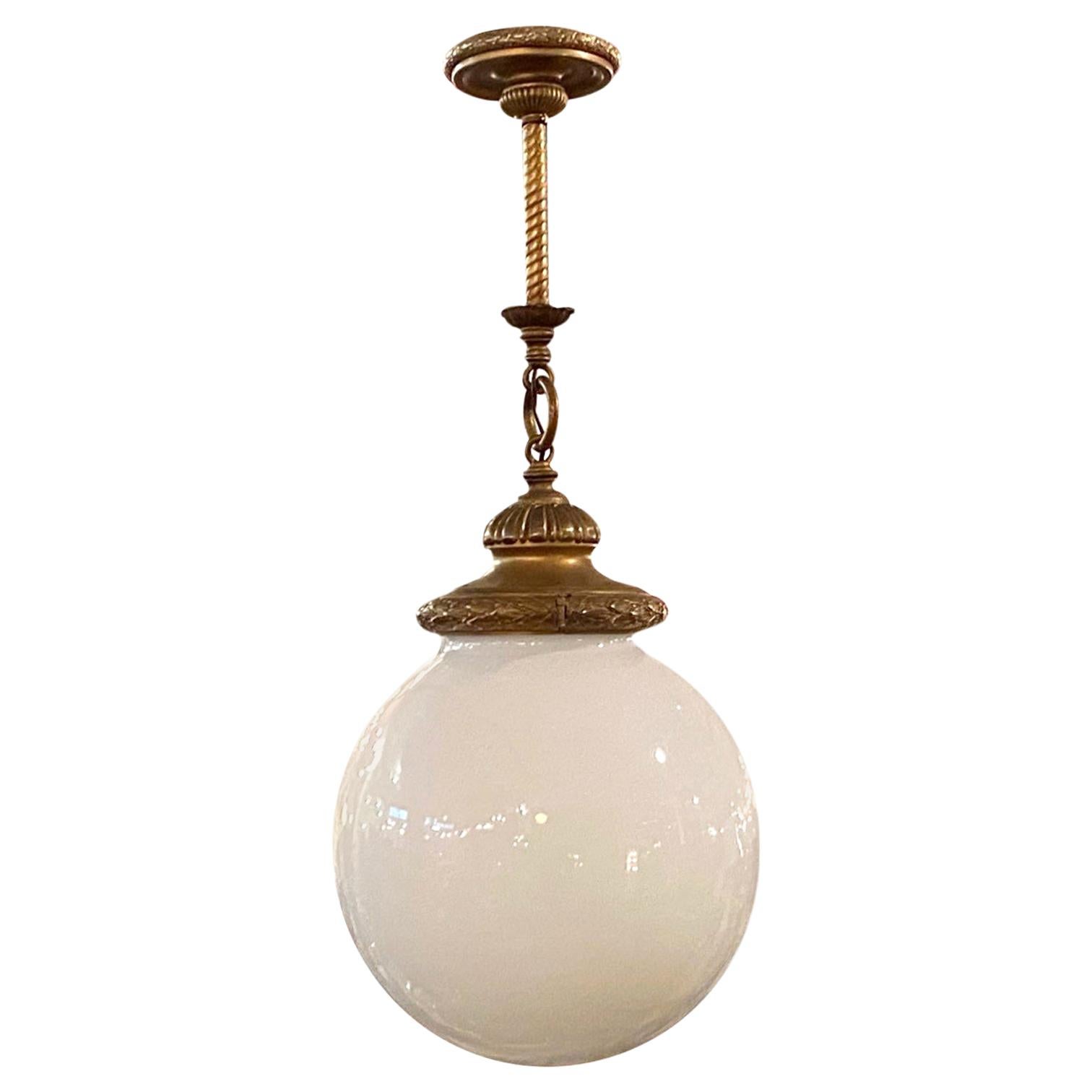 1920s Brass Pendant Light with Large Round Opal Globe, Quantity Available