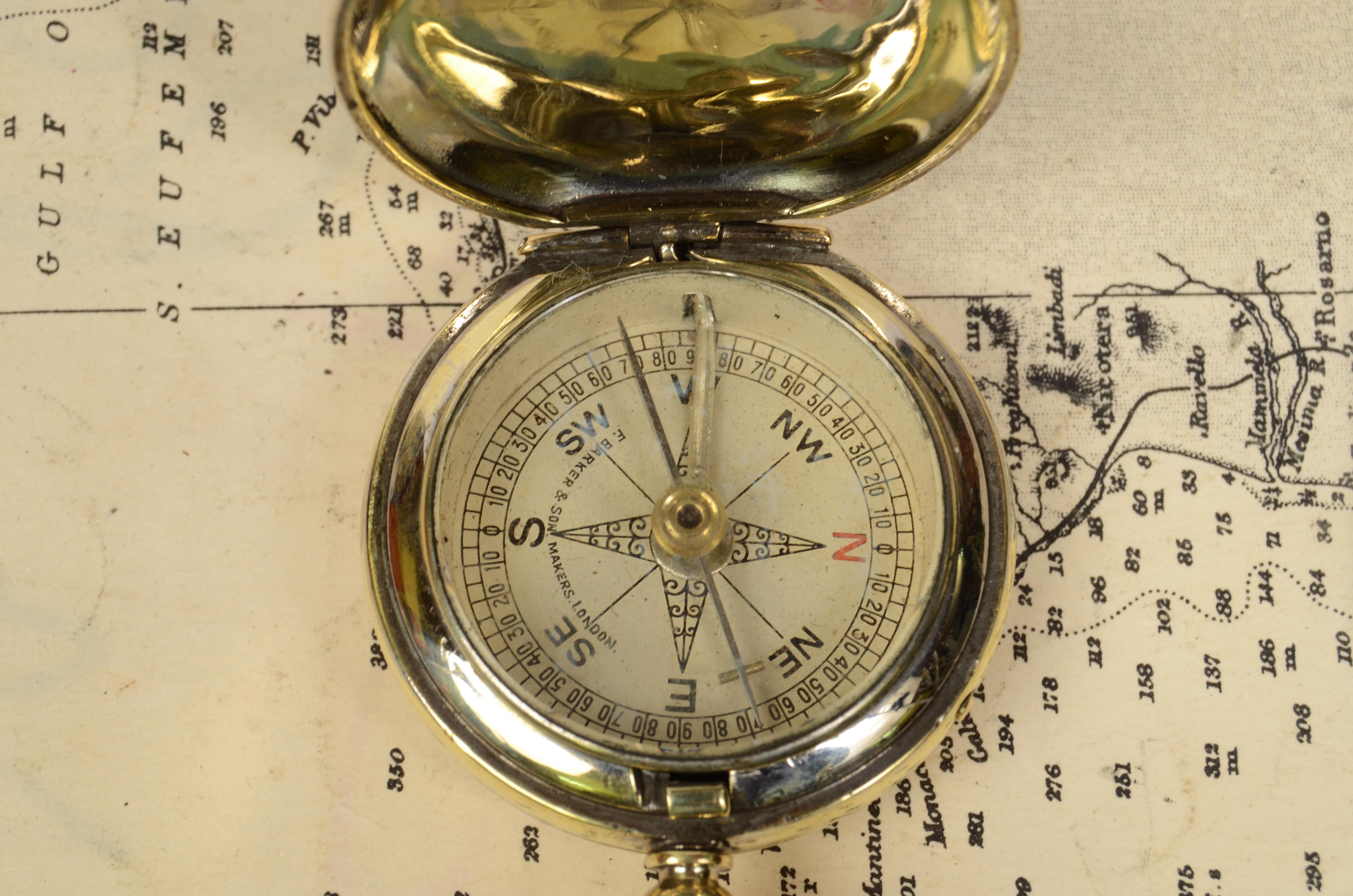 English 1920s Brass Pocket Compass Four-Winds Compass Card with Goniometric Circle