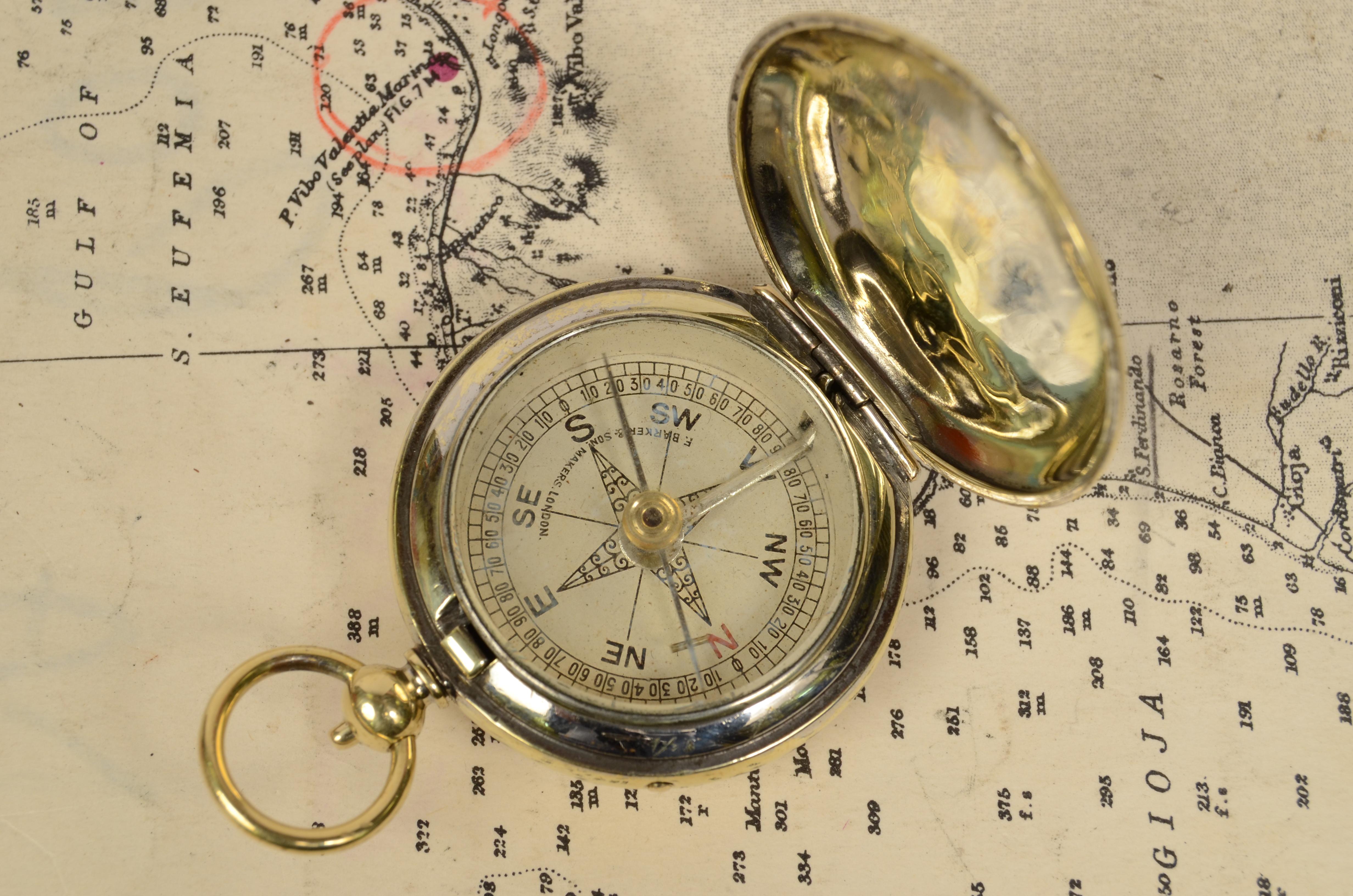 Early 20th Century 1920s Brass Pocket Compass Four-Winds Compass Card with Goniometric Circle