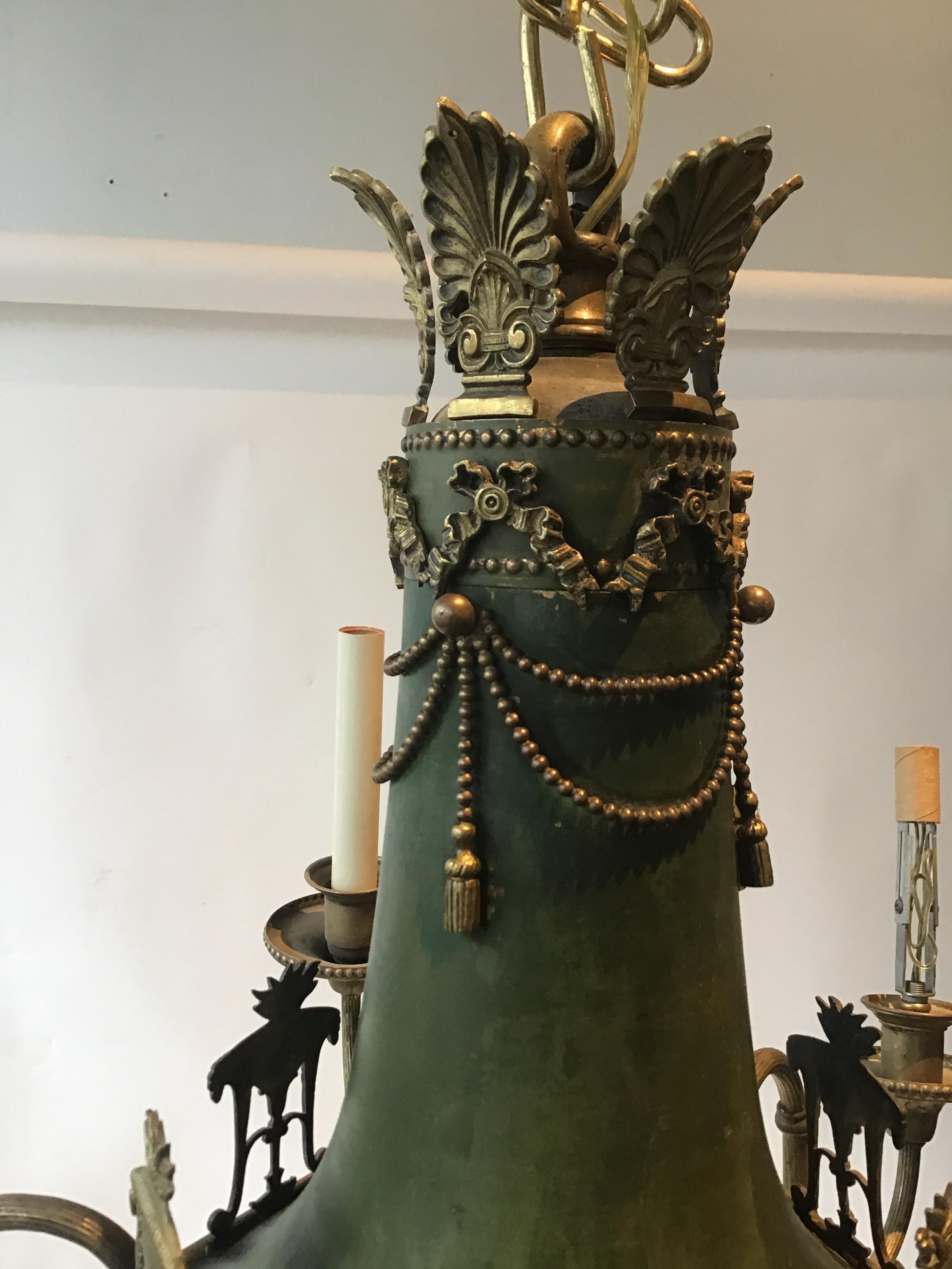 1920s Brass with Green Finish Classical Chandelier For Sale 5