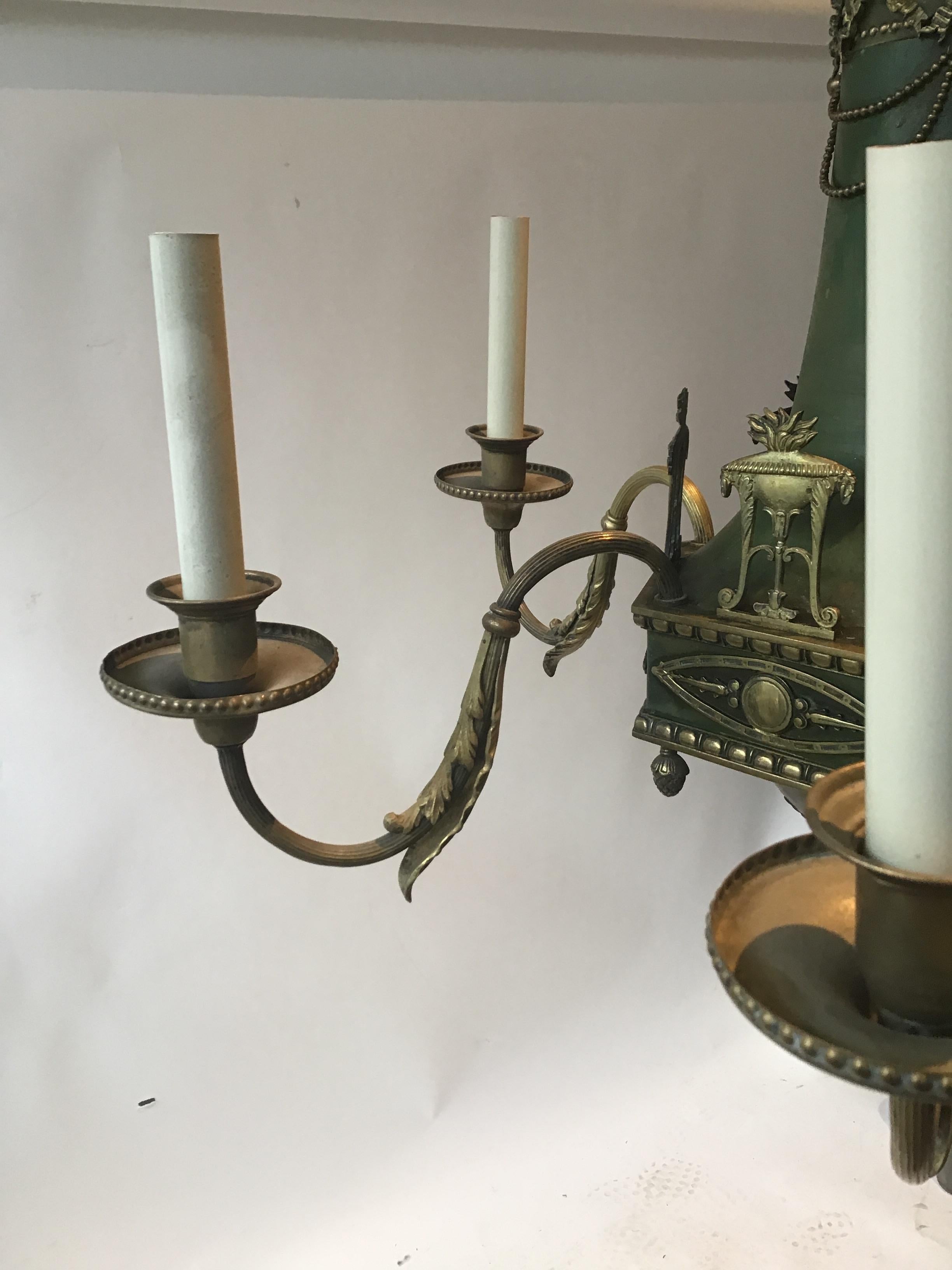 1920s Brass with Green Finish Classical Chandelier For Sale 6