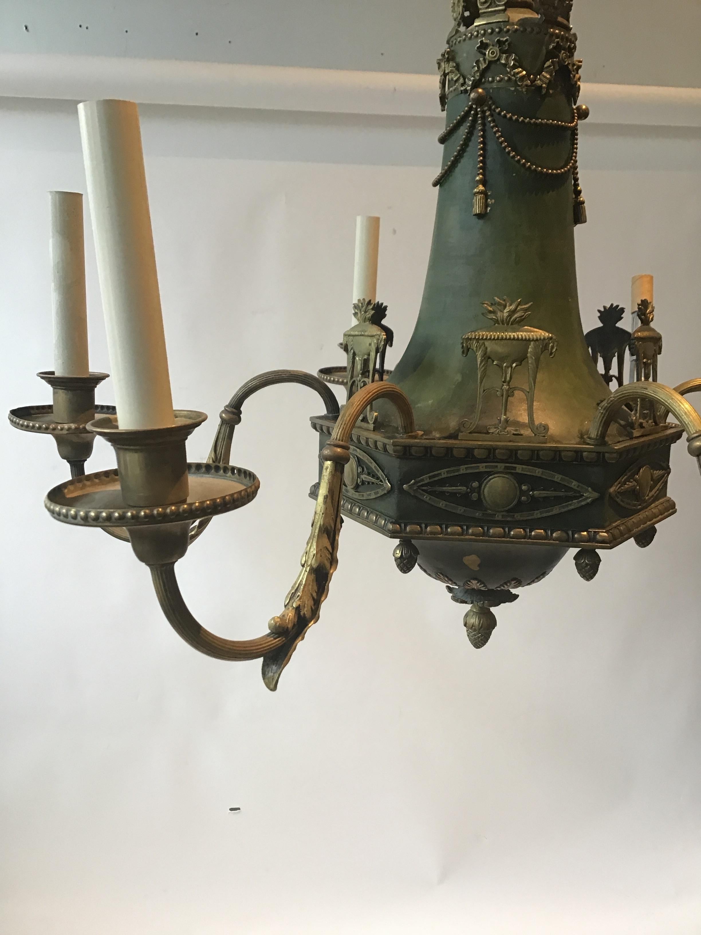 1920s Brass with Green Finish Classical Chandelier For Sale 7