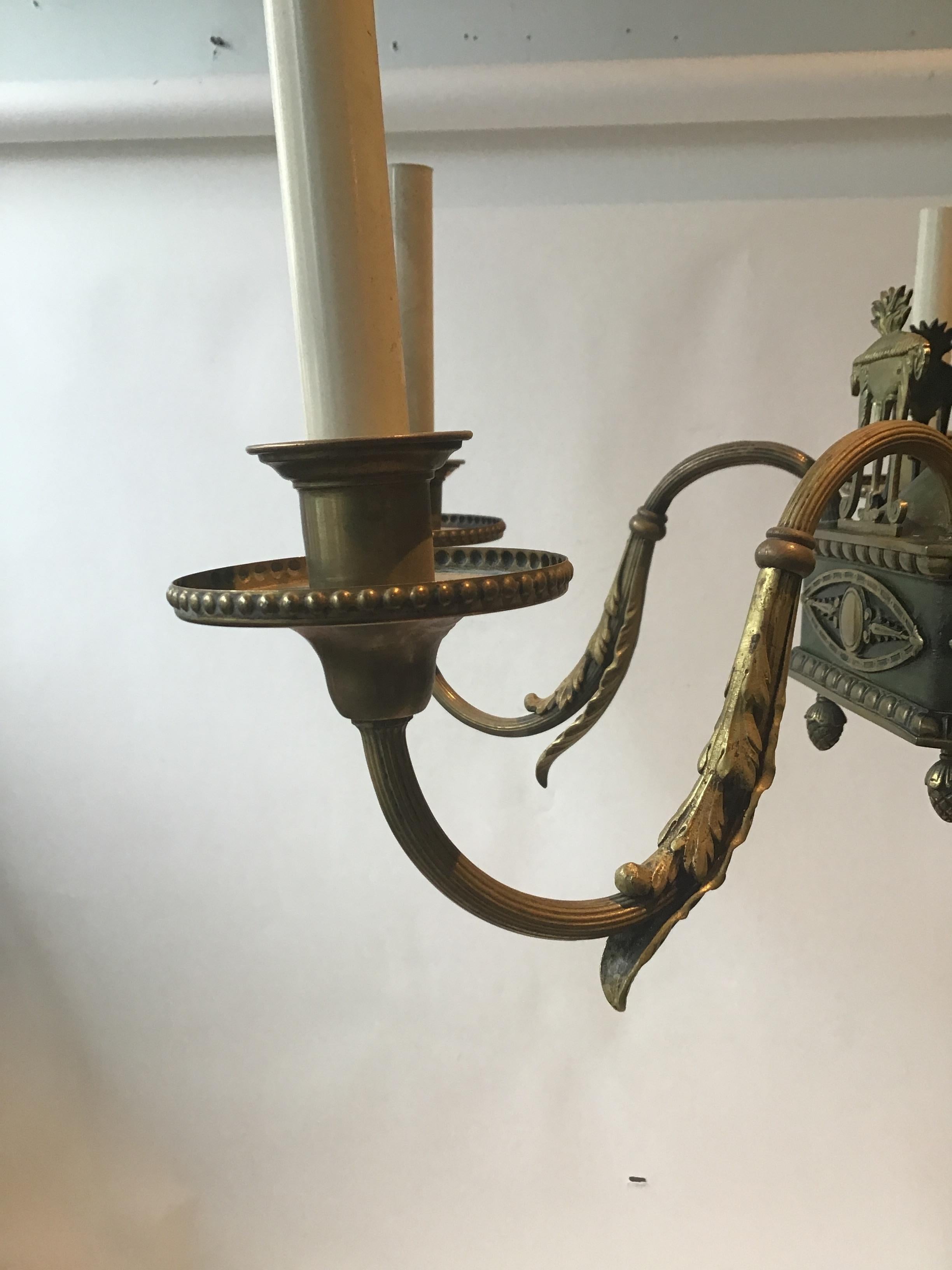 1920s Brass with Green Finish Classical Chandelier For Sale 8