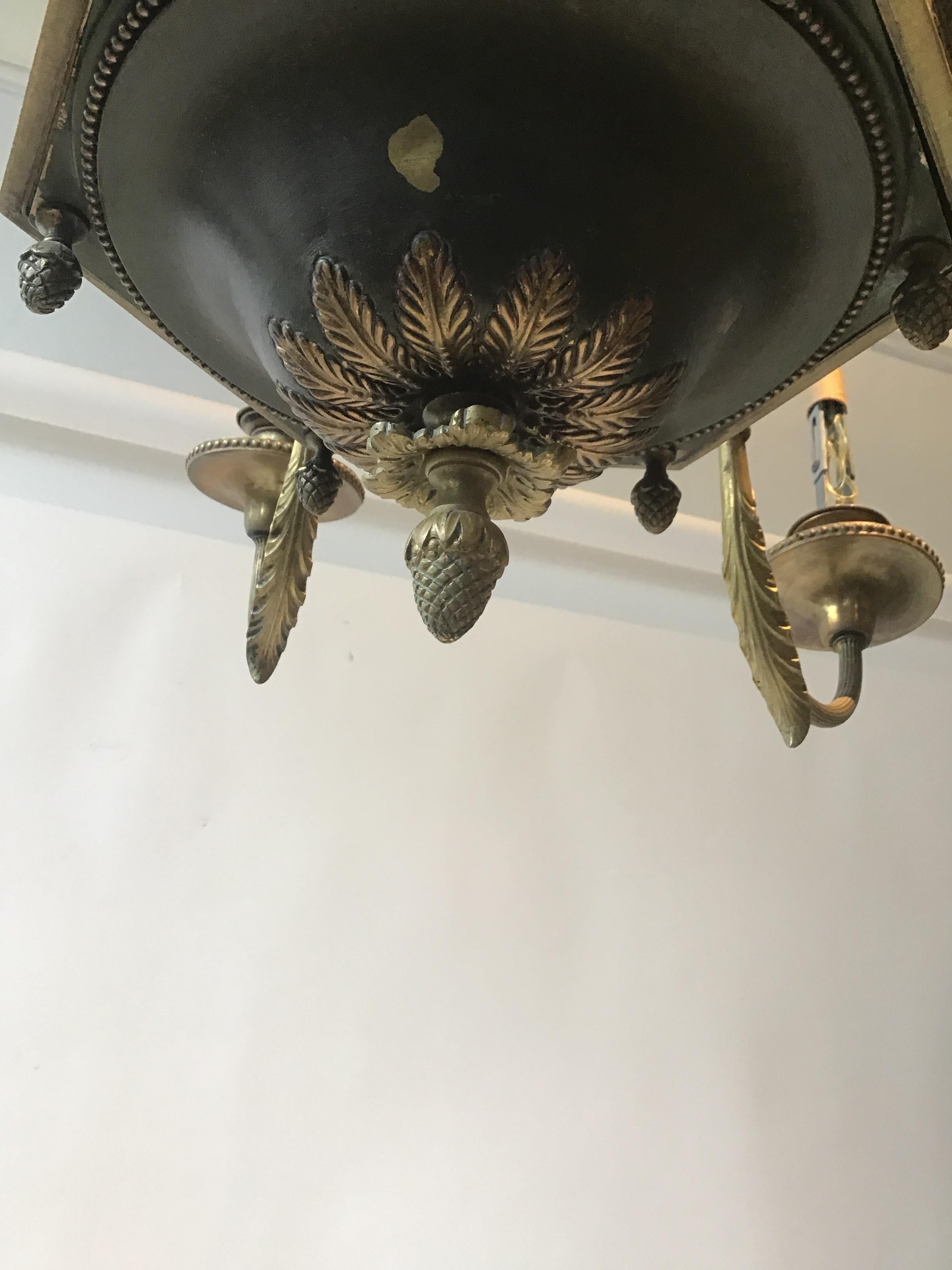 1920s Brass with Green Finish Classical Chandelier For Sale 10