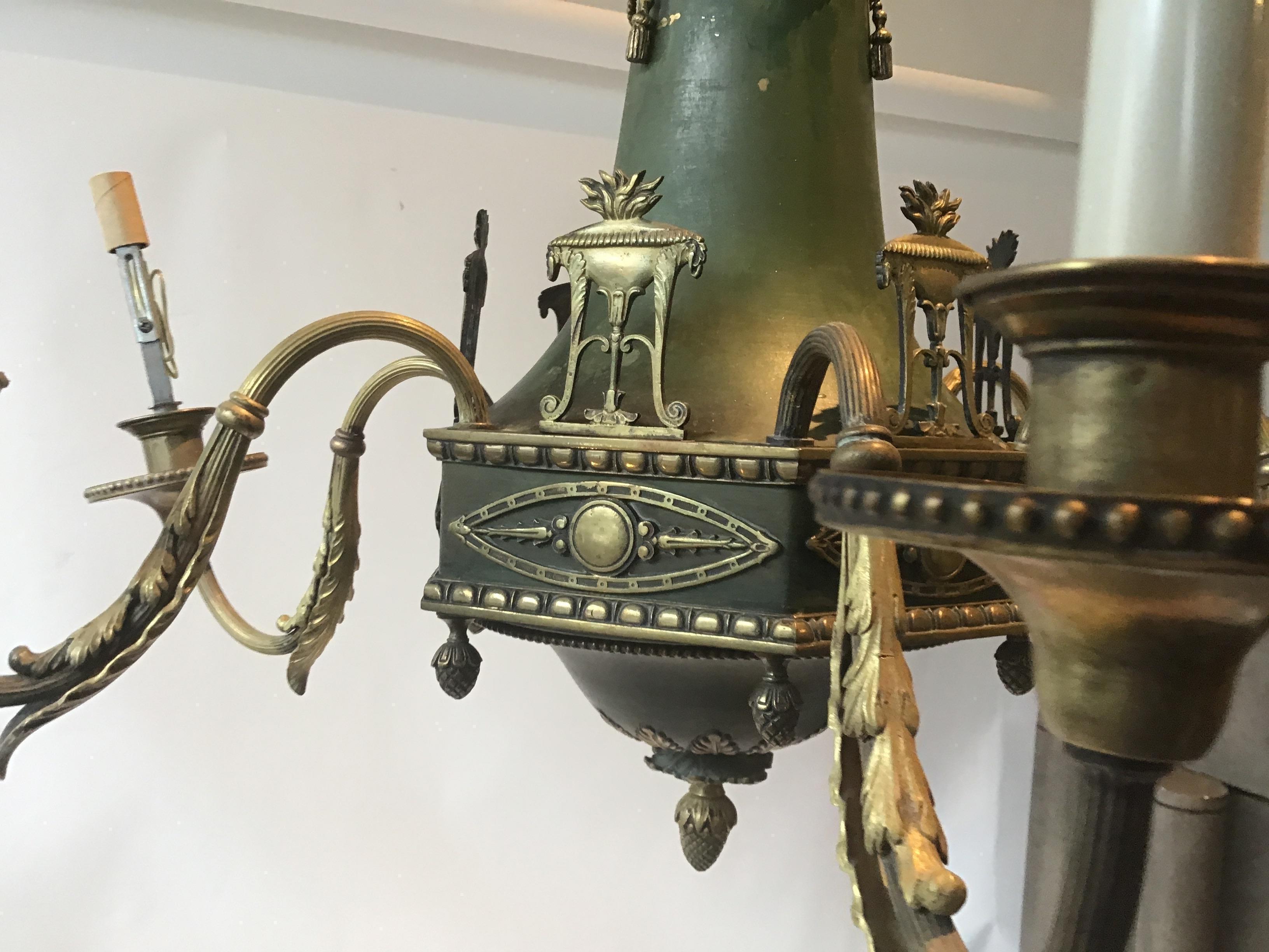 1920s Brass with Green Finish Classical Chandelier In Good Condition For Sale In Tarrytown, NY