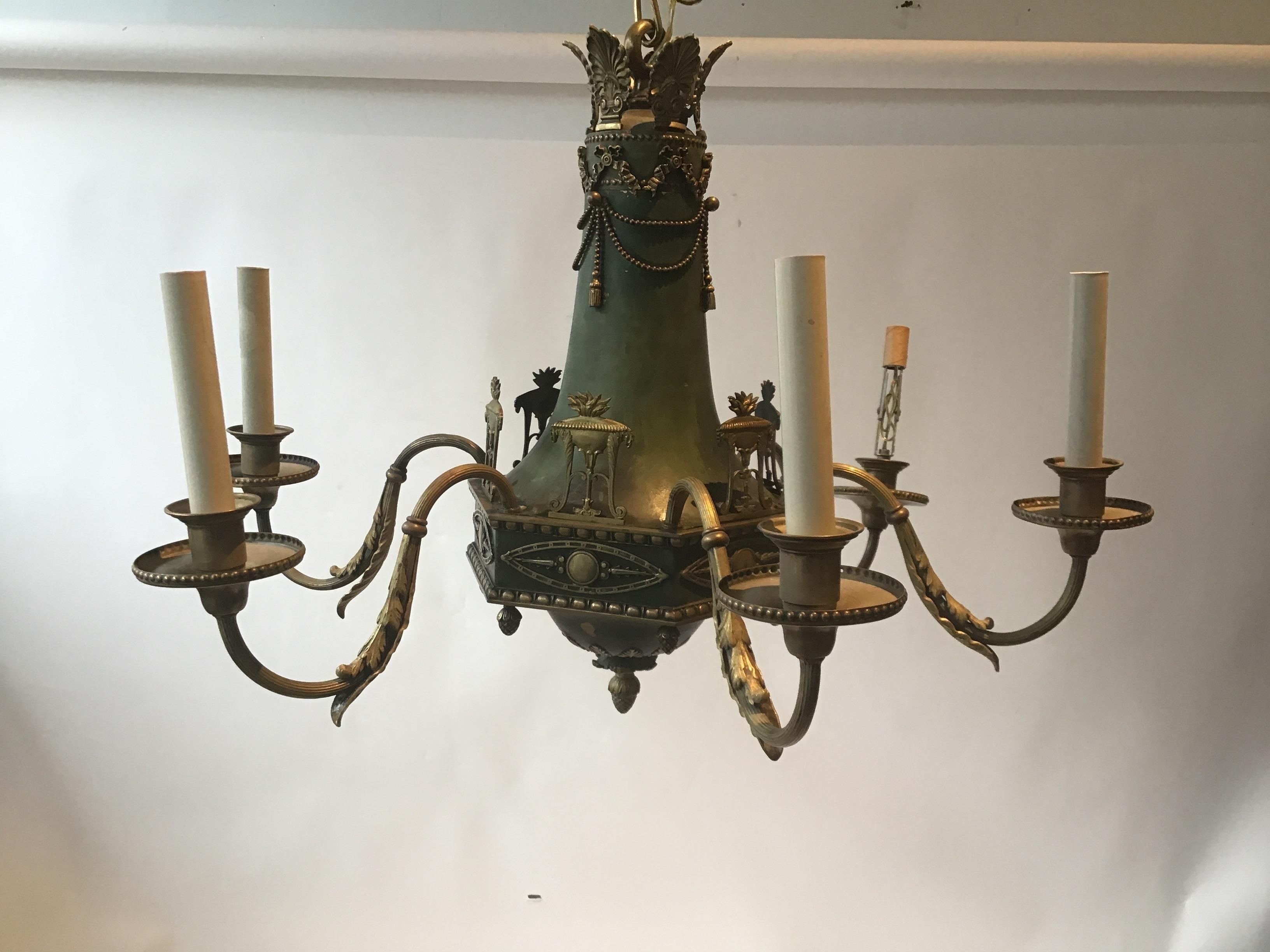 Early 20th Century 1920s Brass with Green Finish Classical Chandelier For Sale