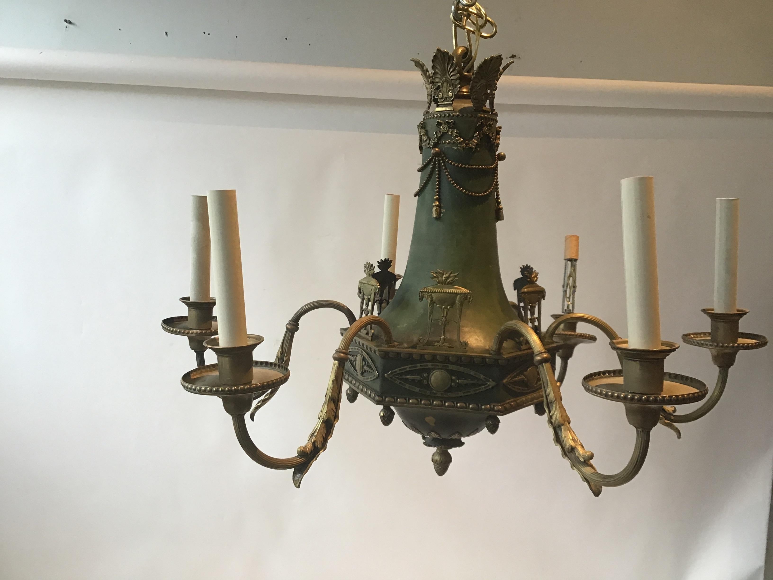 1920s Brass with Green Finish Classical Chandelier For Sale 1