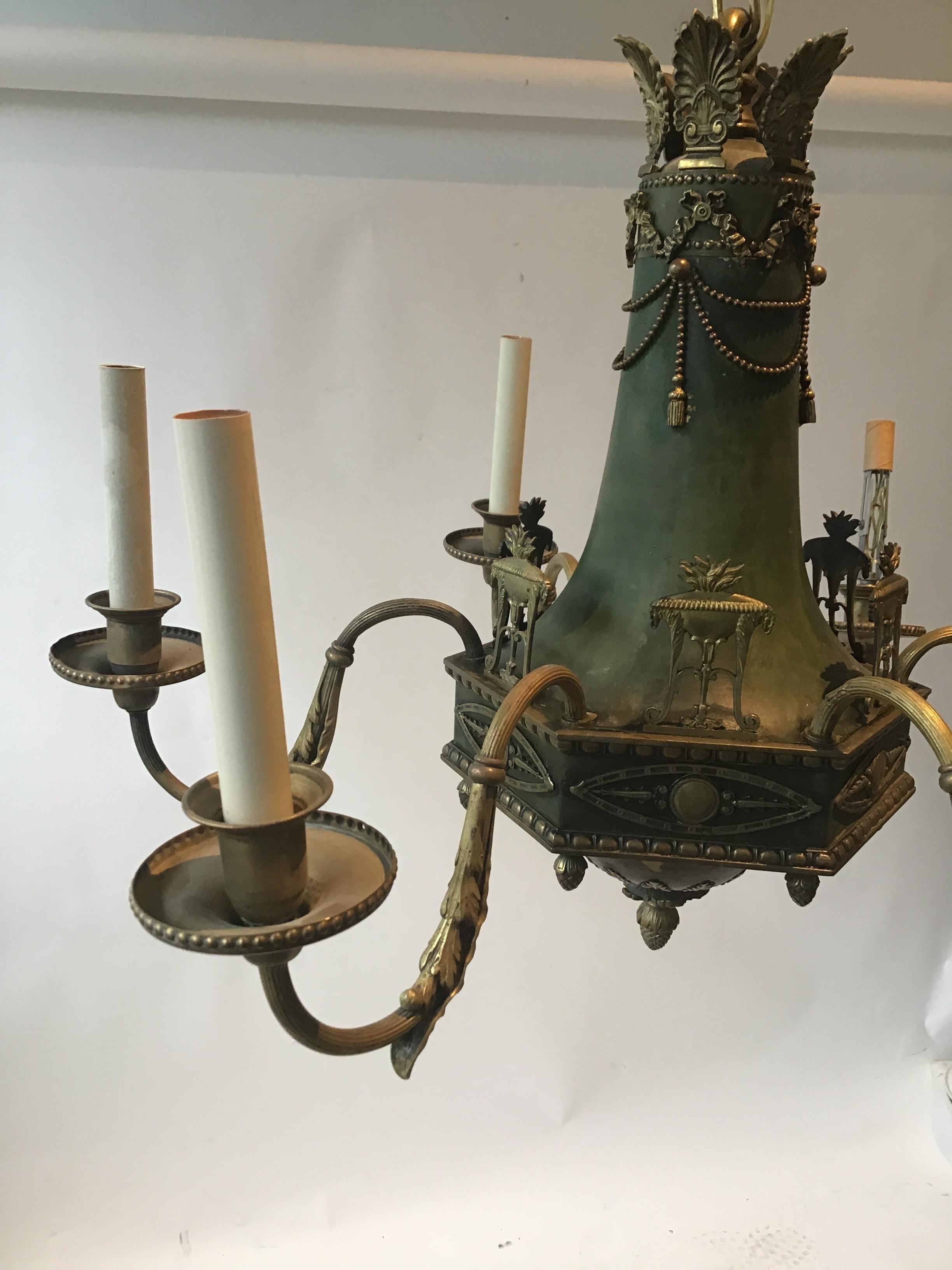 1920s Brass with Green Finish Classical Chandelier For Sale 2