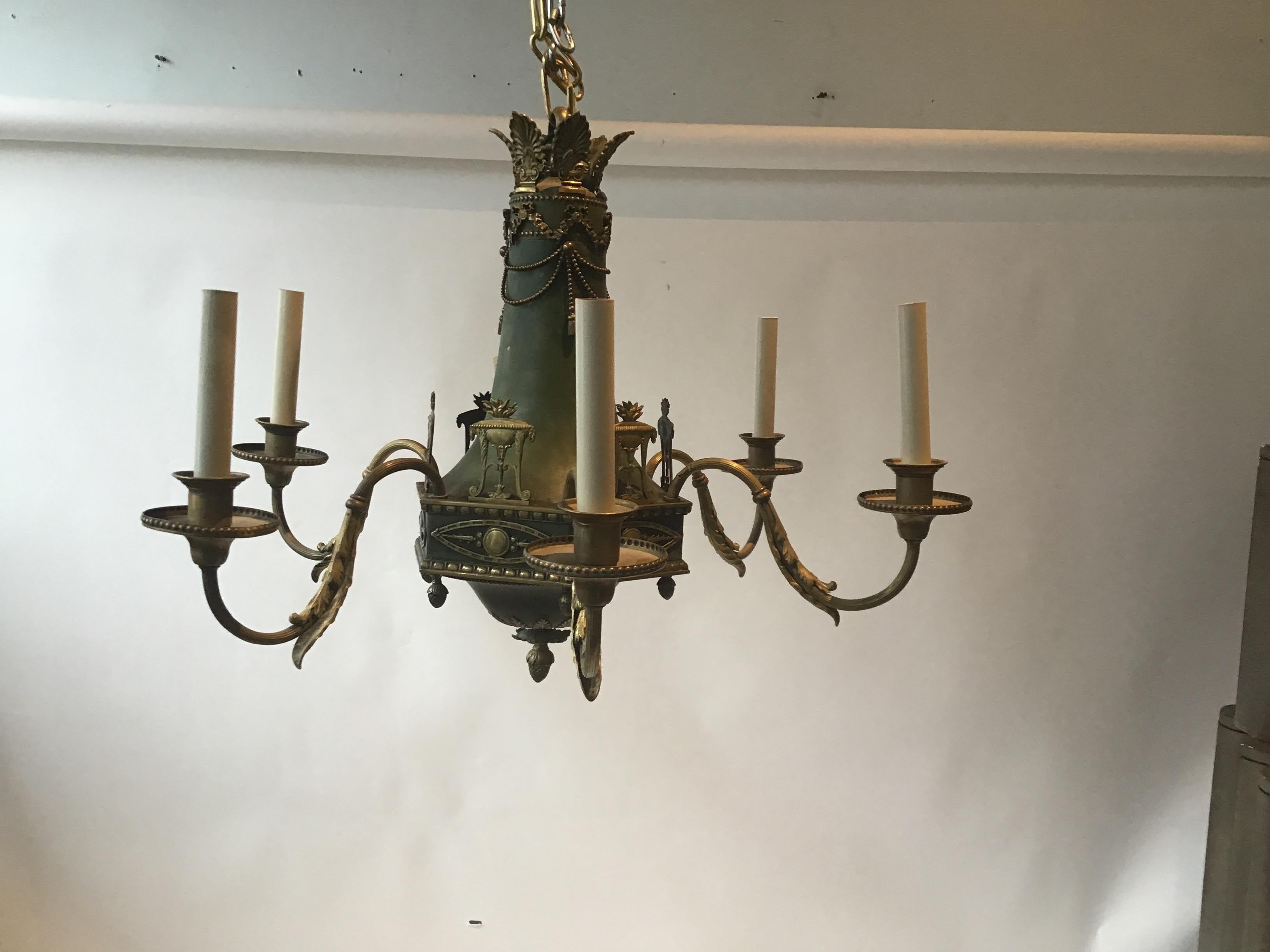 1920s Brass with Green Finish Classical Chandelier For Sale 3