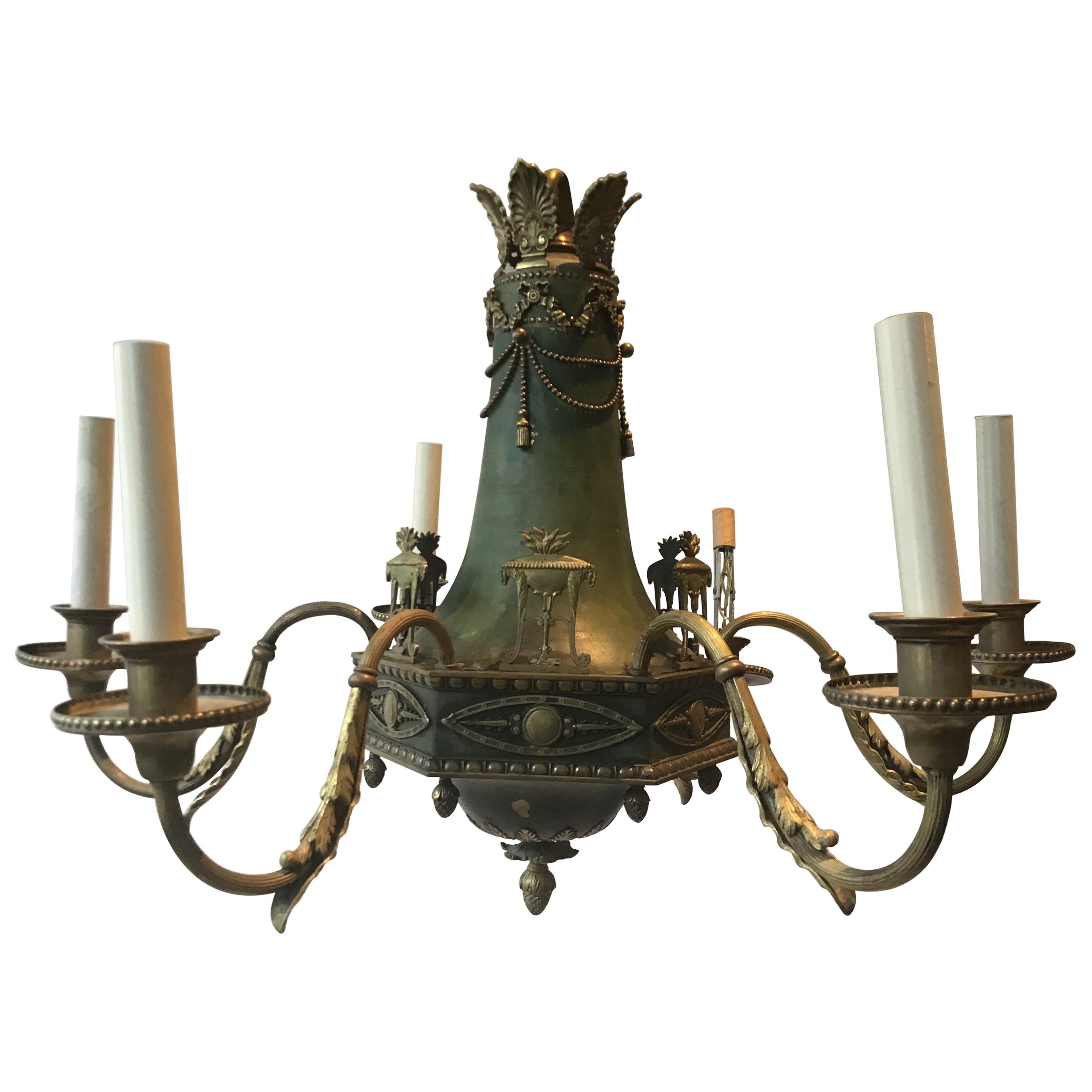 1920s Brass with Green Finish Classical Chandelier For Sale