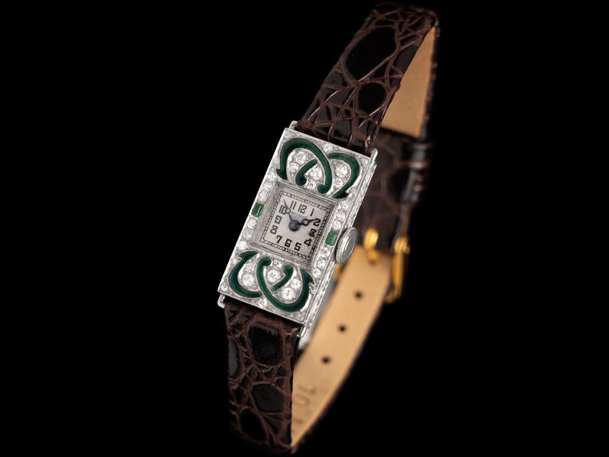 1920's Breguet Ladies Art Deco Vintage Watch - 18K White Gold, Diamond & Emerald In Good Condition For Sale In Suwanee, GA