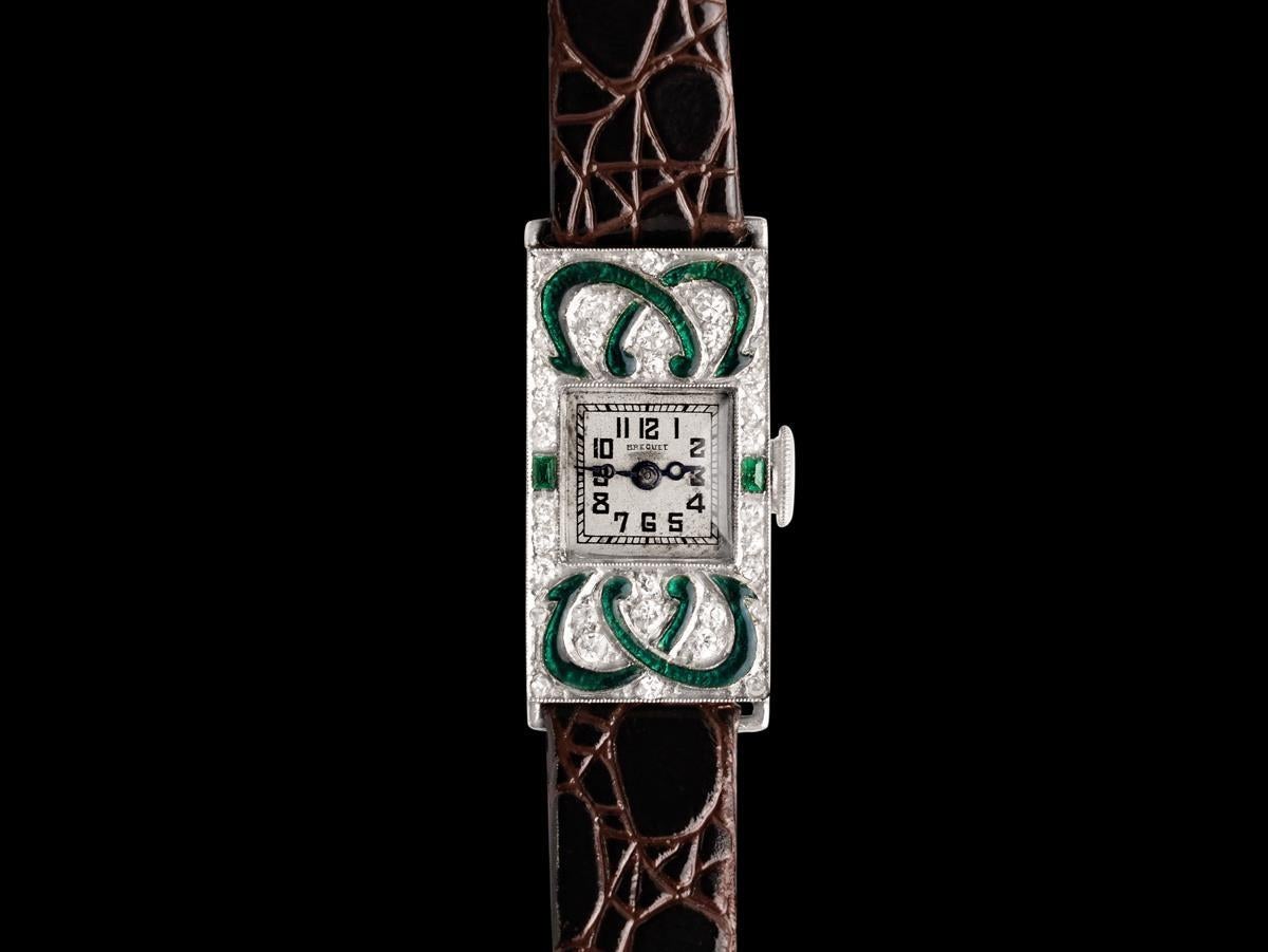 1920's Breguet Ladies Art Deco Vintage Watch - 18K White Gold, Diamond & Emerald For Sale 4