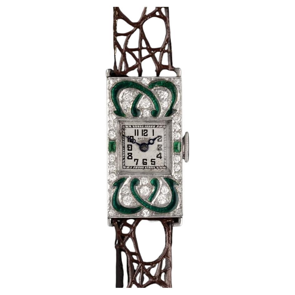 1920's Breguet Ladies Art Deco Vintage Watch - 18K White Gold, Diamond & Emerald For Sale