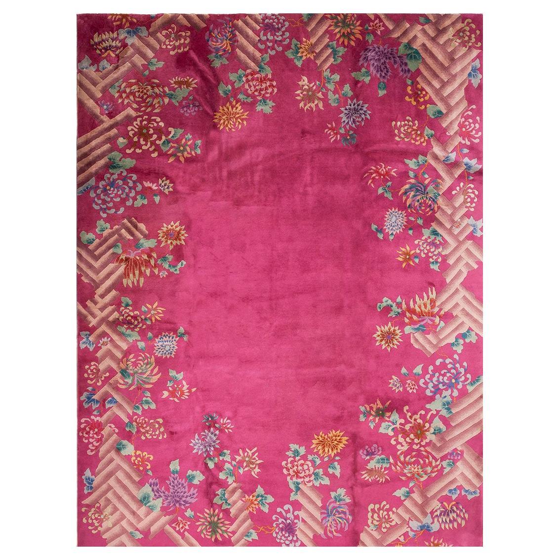 1920s Bright Pink Abstract Floral Basket Chinese Deco Rug 8
10” x 11
6” Carpet For Sale