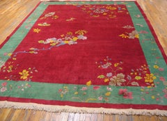1920s Bright Red & Green Floral Modern Antique Chinese Deco Rug 9'x11'6" Carpet