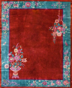 1920s Bright Rust Red and Green Antique Chinese Art Deco Rug 8'x9'8" Carpet