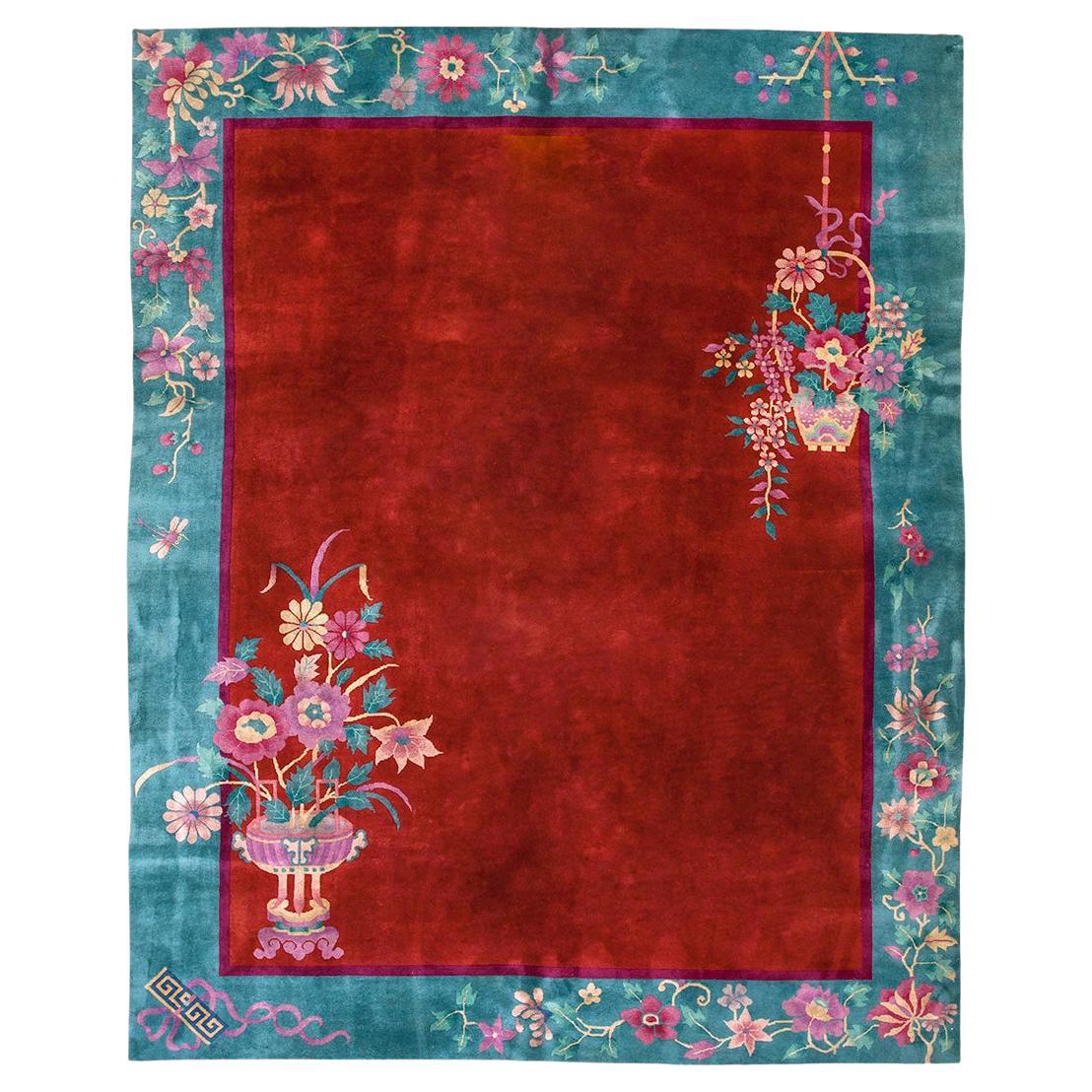 1920s Bright Rust Rot und Grün Antike Chinesisch Art Deco Teppich 8
x9
8" Carpet im Angebot