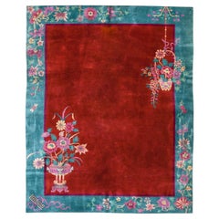 1920s Bright Rust Red and Green Antique Chinese Art Deco Rug 8
x9
8" Carpet