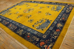1920s Bright Yellow Weiqi Game of Go Antique Chinese Peking Rug 10'x13'6" Carpet
