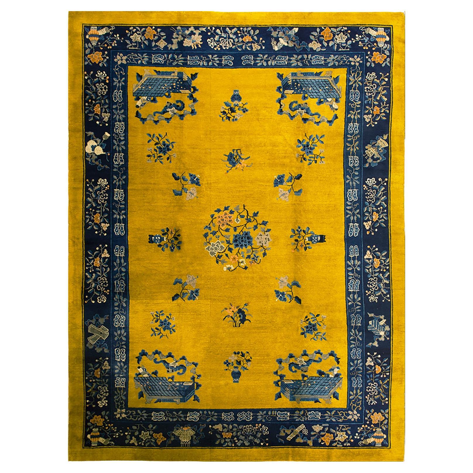 1920s Bright Yellow Weiqi Game of Go Antique Chinese Peking Rug 10
x13
6" Carpet For Sale
