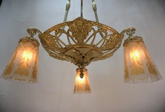 1920's Bronze and Acid Etched Glass Chandelier