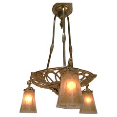 1920's Bronze and Acid Etched Glass Chandelier