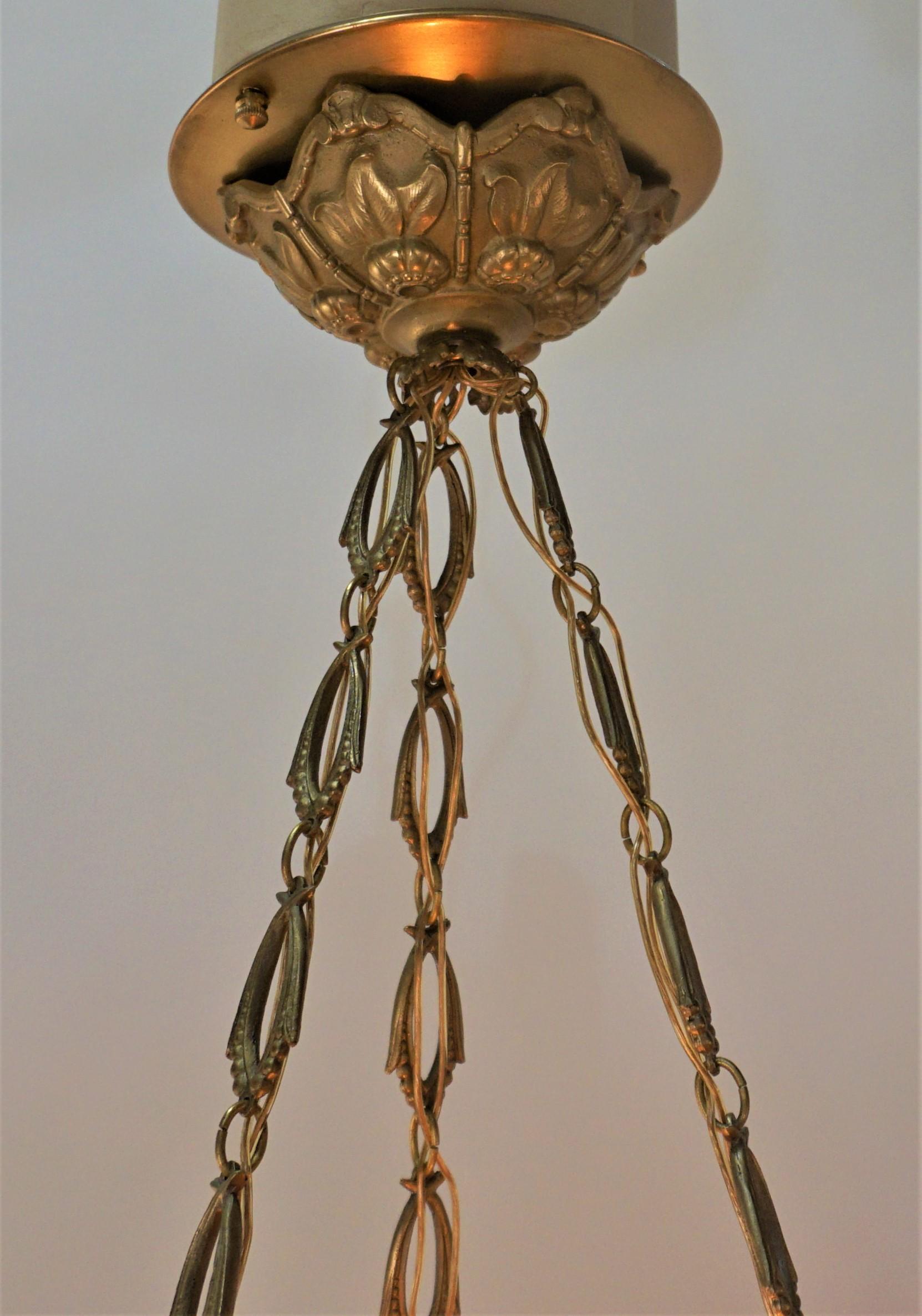 French 1920's Bronze and Art Glass Chandelier