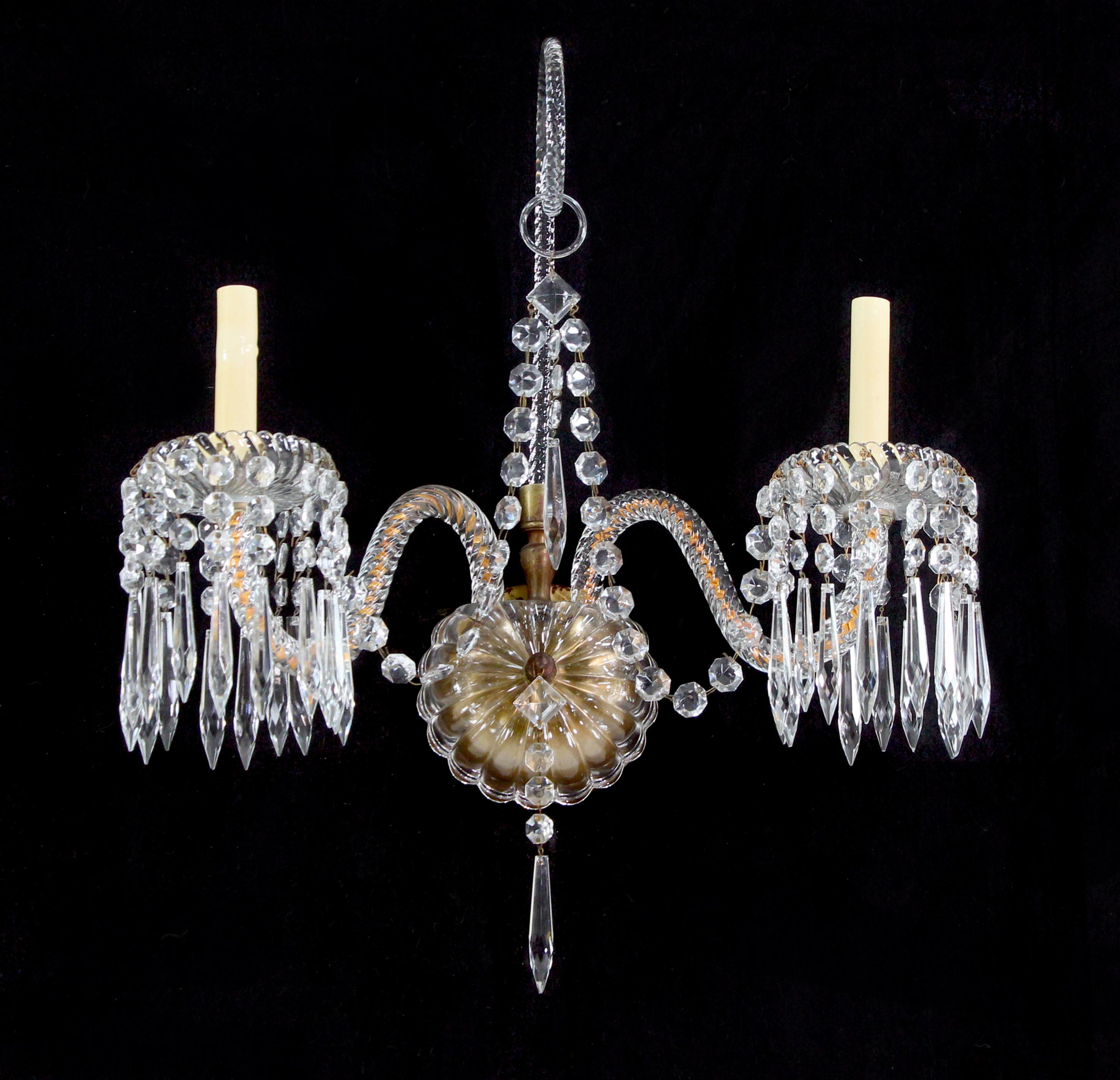 Victorian 1920s Bronze and Crystal 2 Arm Sconce from a Historic Mid-Town NYC Hotel Qty Ava