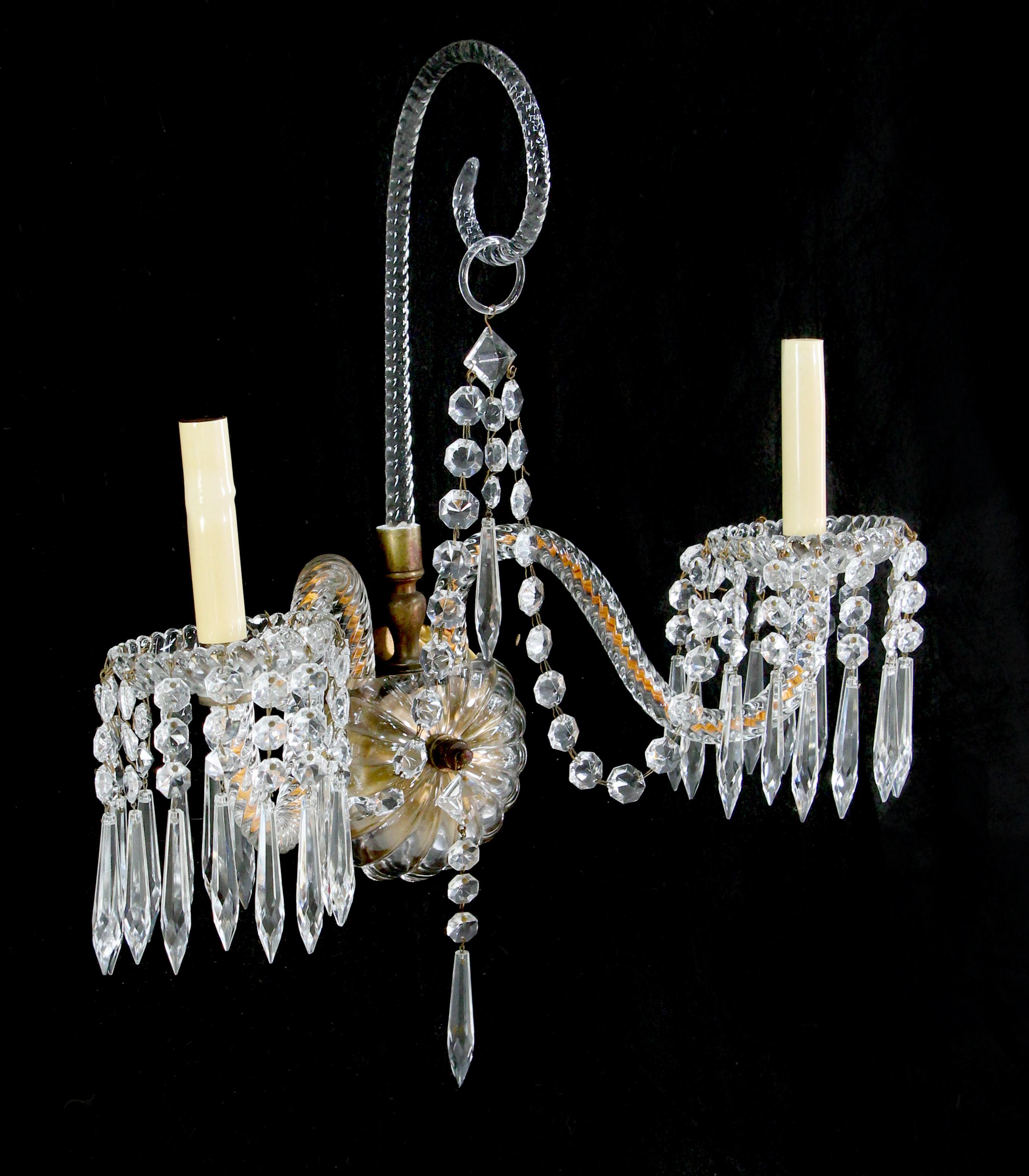 American 1920s Bronze and Crystal 2 Arm Sconce from a Historic Mid-Town NYC Hotel Qty Ava