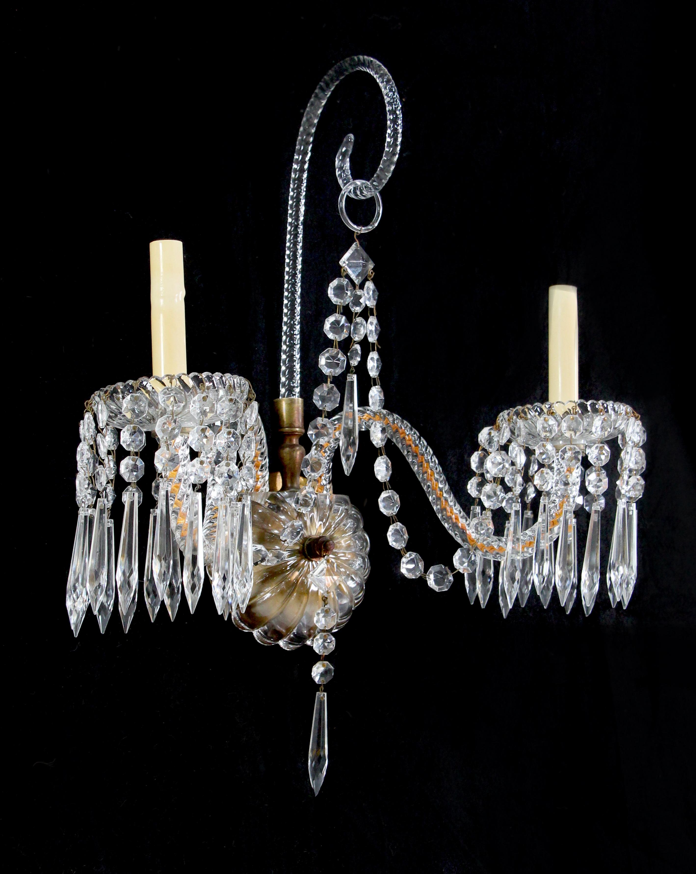 Early 20th Century 1920s Bronze and Crystal 2 Arm Sconce from a Historic Mid-Town NYC Hotel Qty Ava