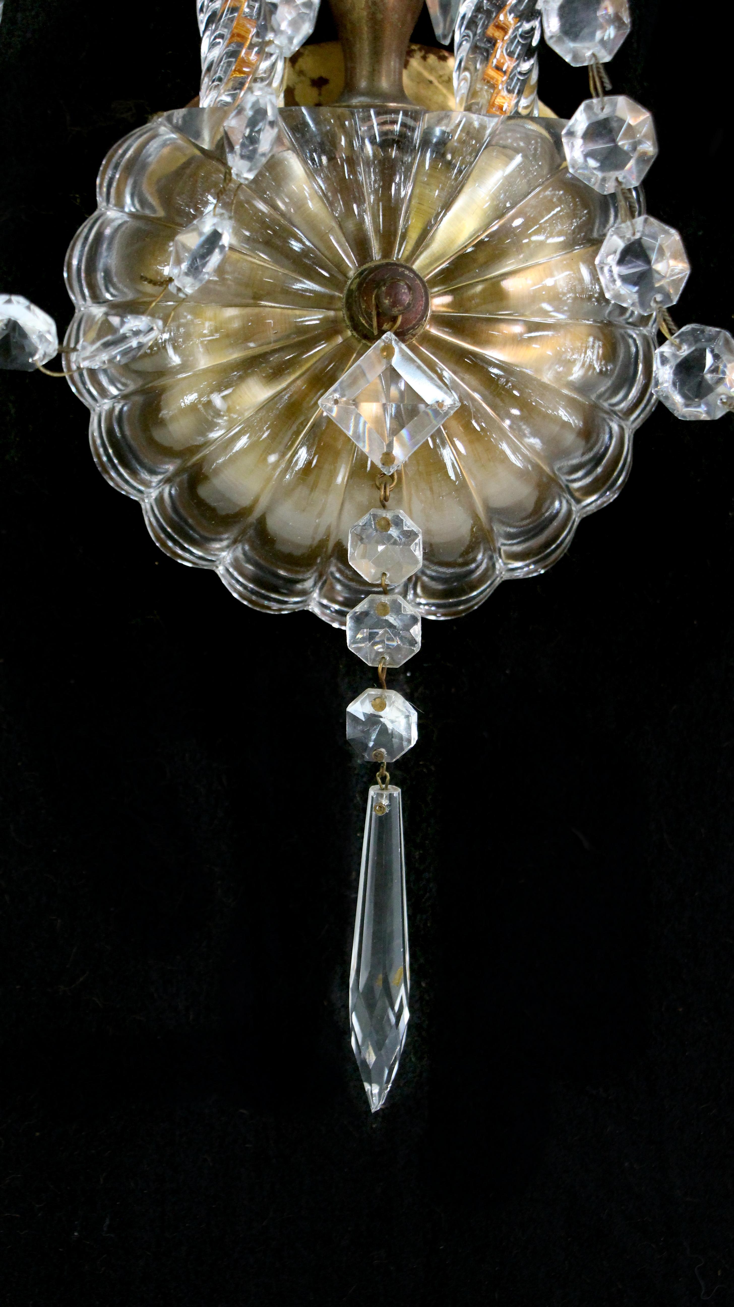 1920s Bronze and Crystal 2 Arm Sconce from a Historic Mid-Town NYC Hotel Qty Ava 4