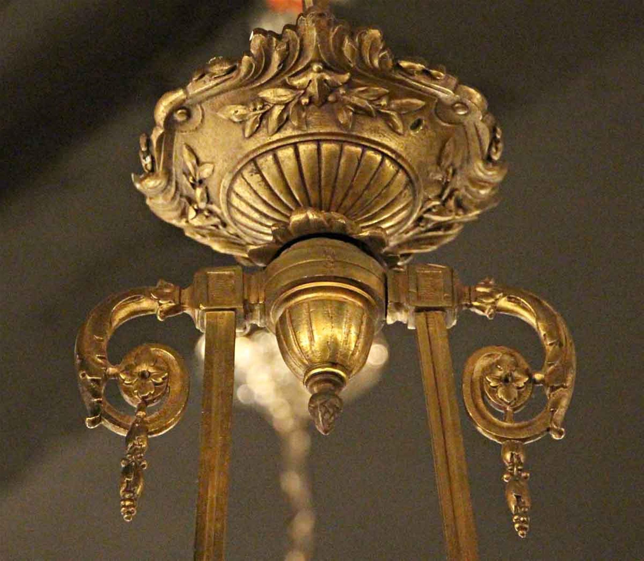 1920s Bronze Chandelier with Floral Frosted Glass Shades and Leaves 2