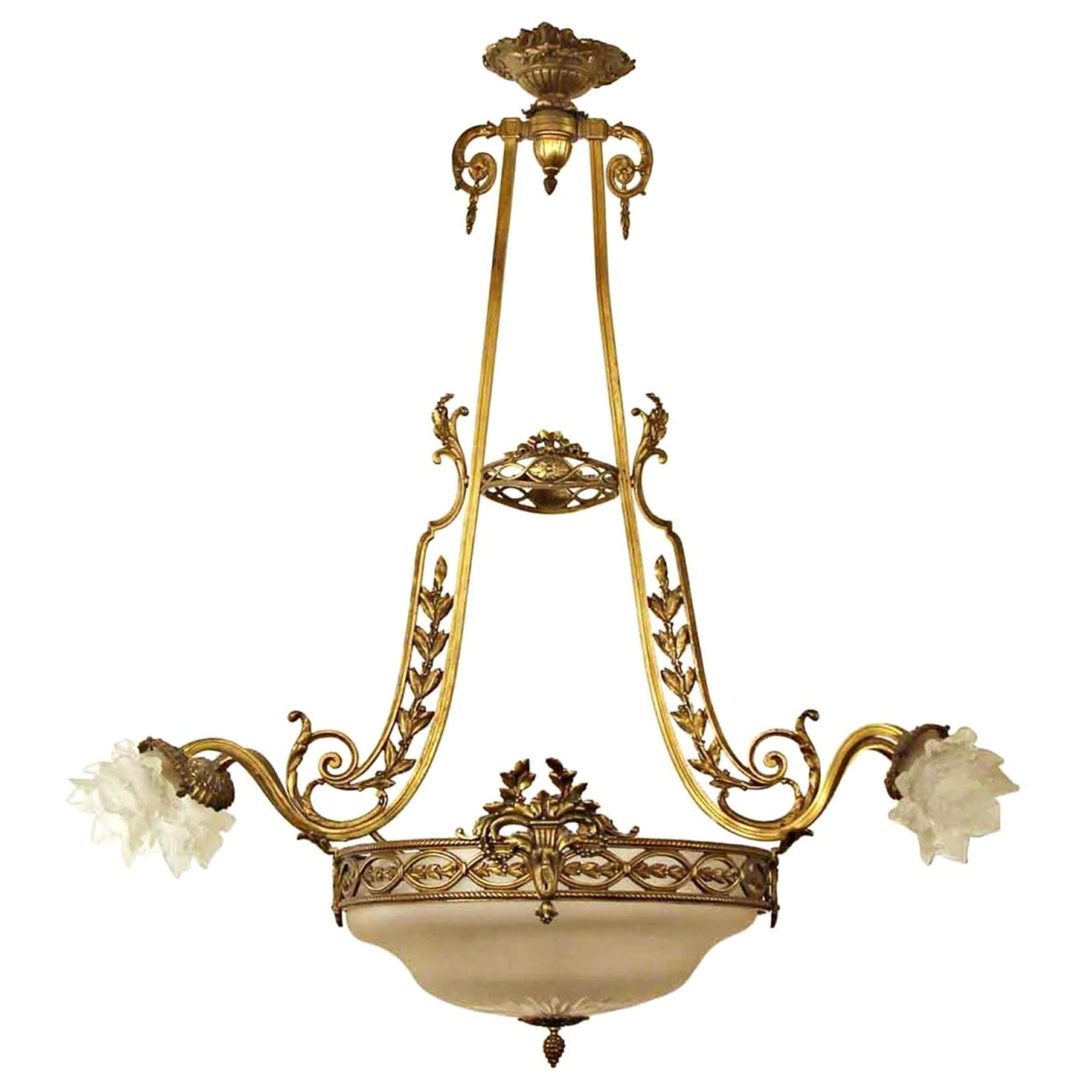 1920s Bronze Chandelier with Floral Frosted Glass Shades and Leaves