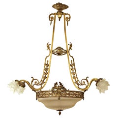 1920s Bronze Chandelier with Floral Frosted Glass Shades and Leaves