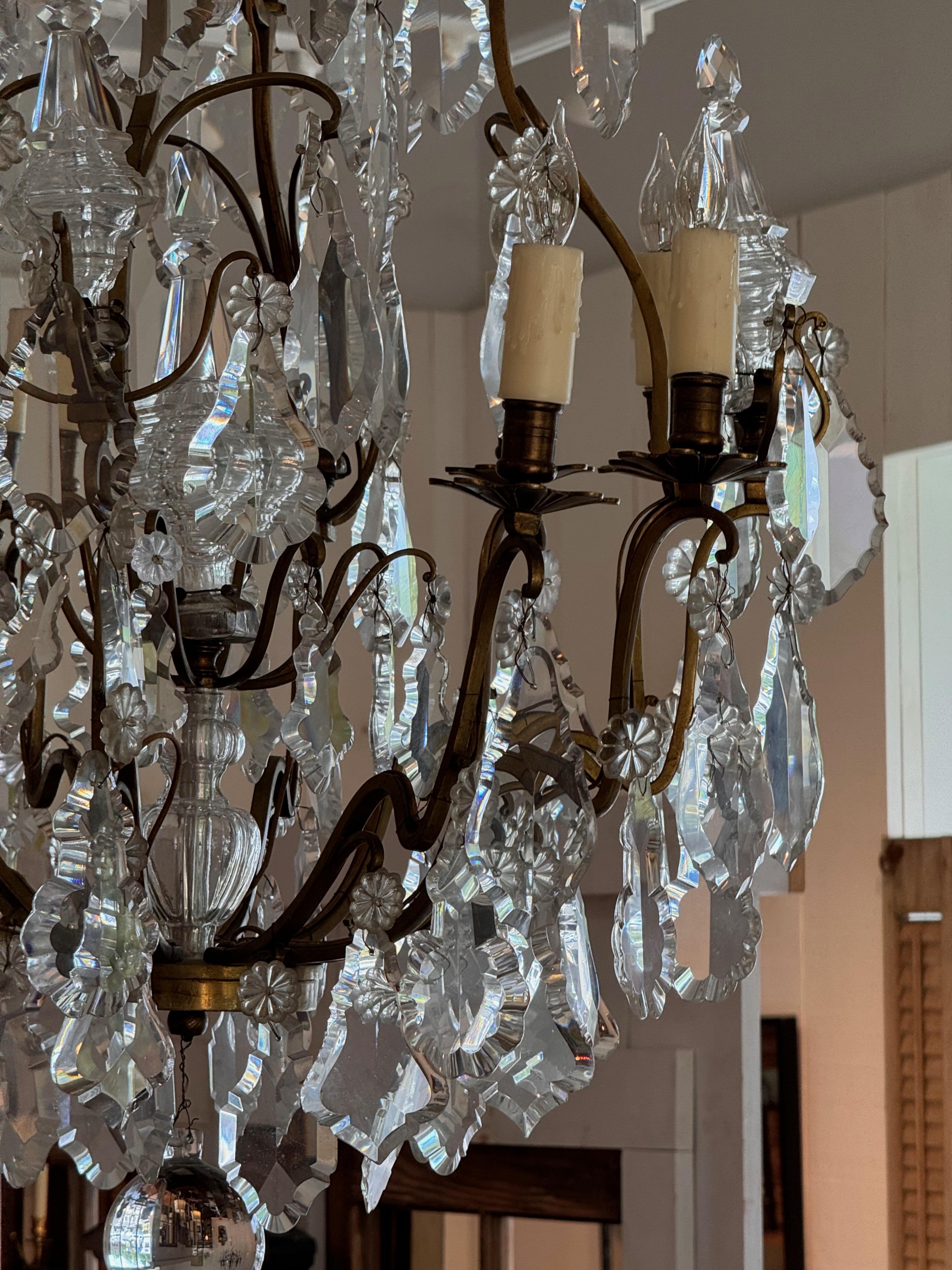 French 1920s Bronze & Crystal Chandelier