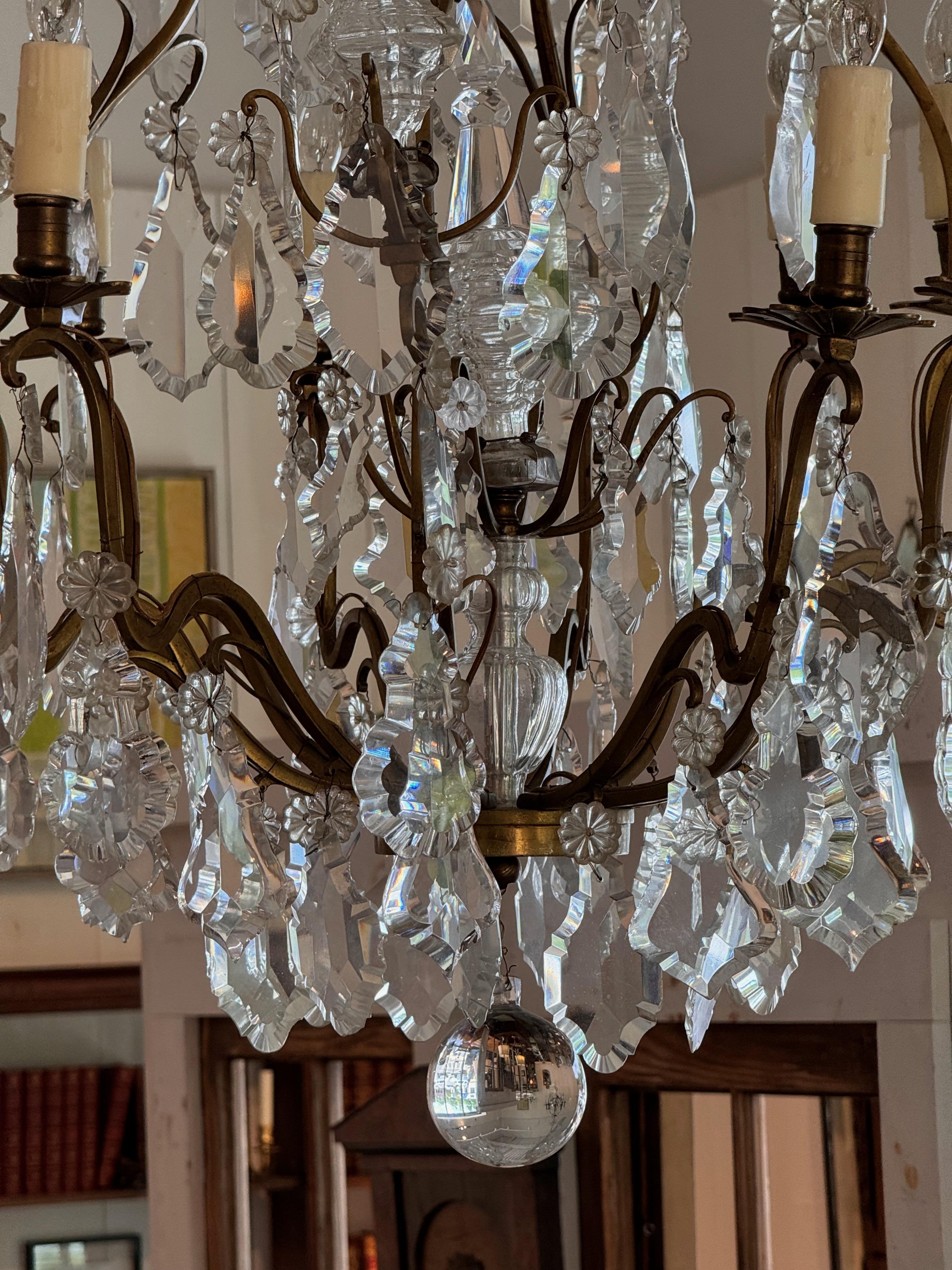 1920s Bronze & Crystal Chandelier In Good Condition In Charlottesville, VA