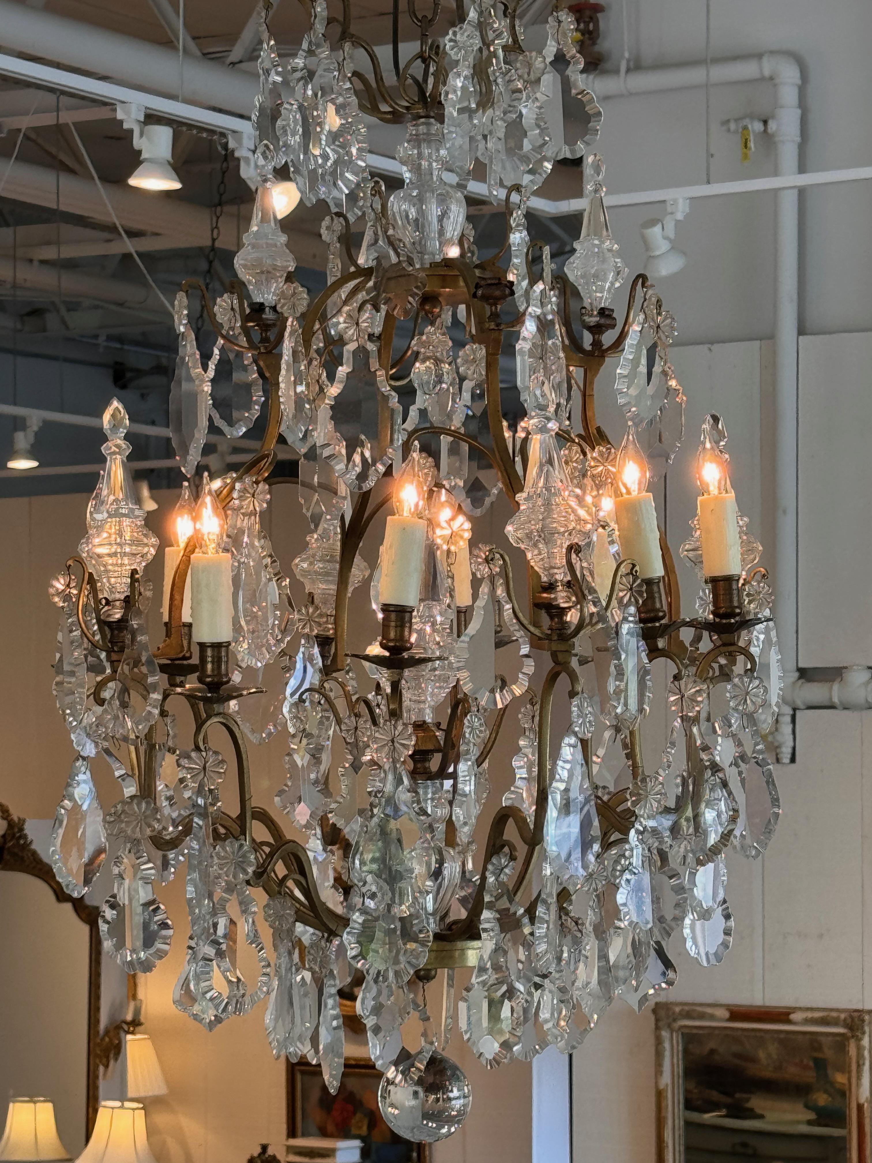 Metal 1920s Bronze & Crystal Chandelier