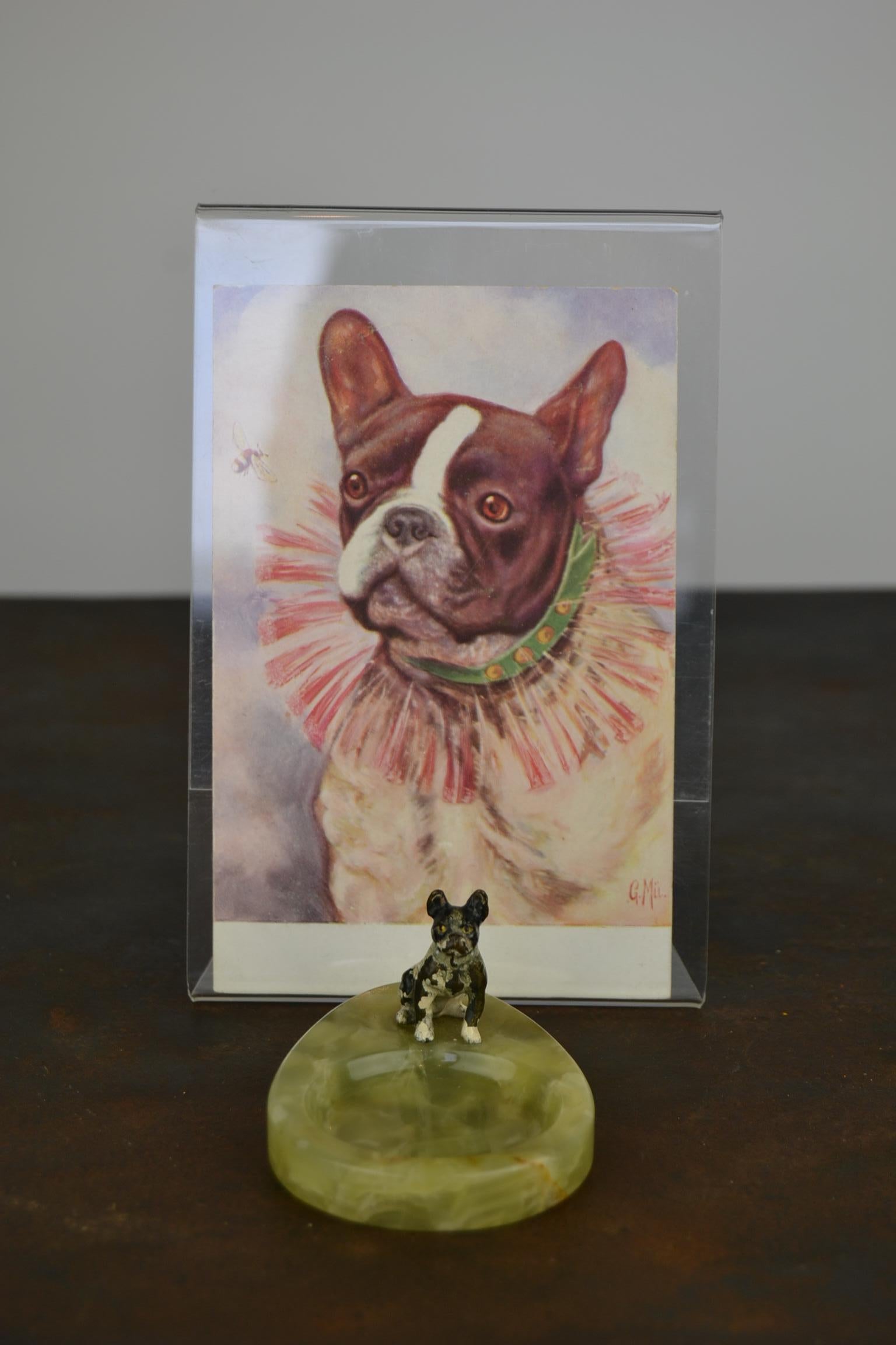 Cold-Painted 1920s Bronze French Bulldog on Onyx Ashtray, Art Deco